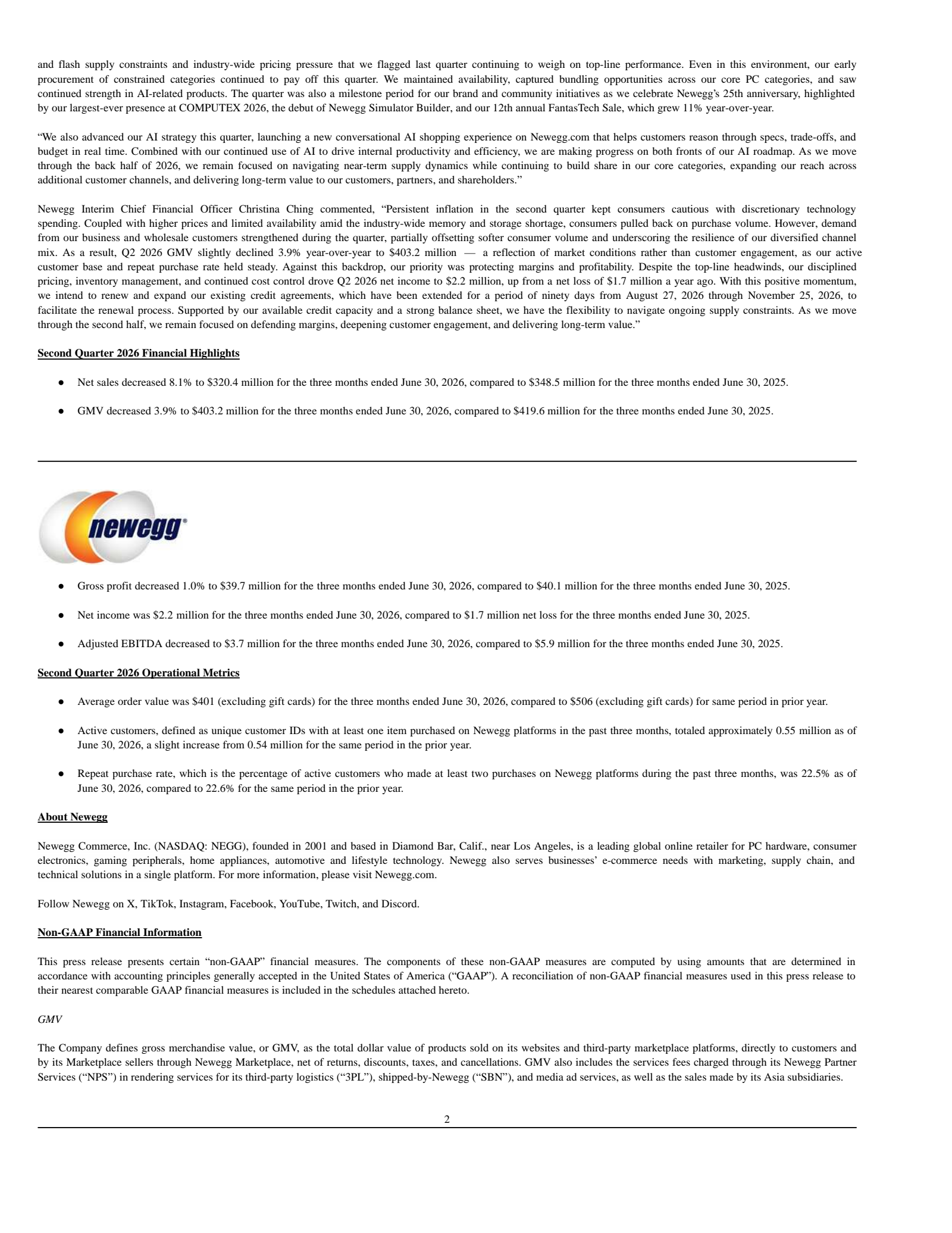 Newegg Commerce's H1 2026 Press Release