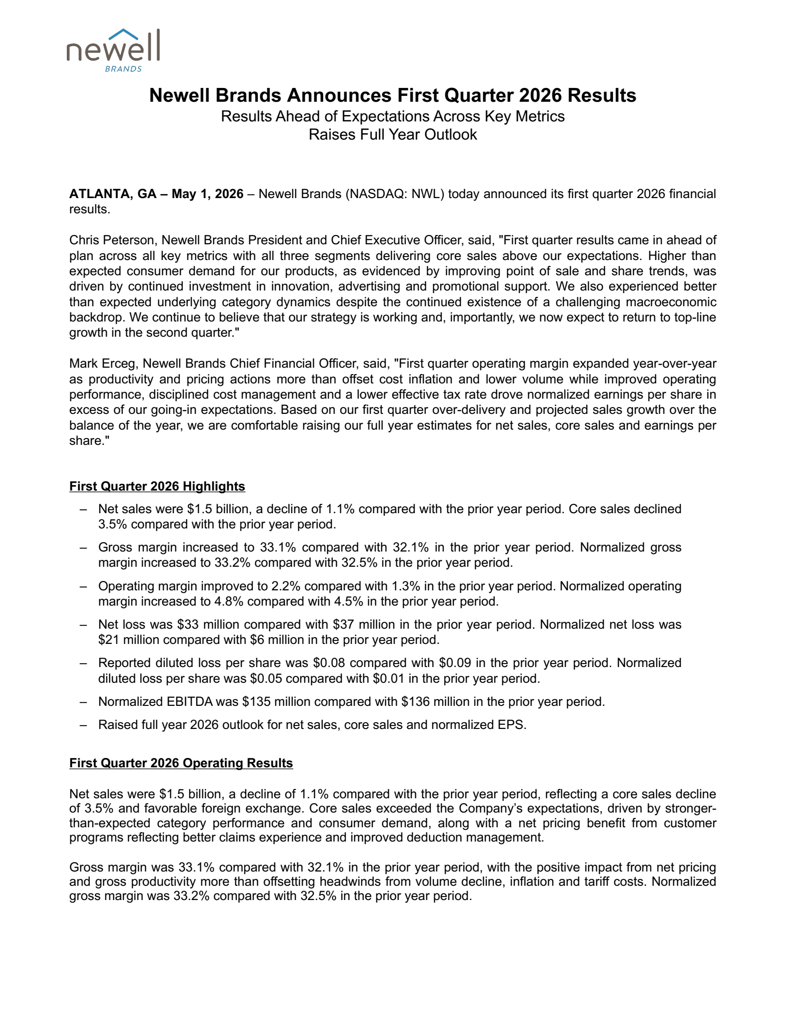 Newell Brands' Q1 2026 Press Release