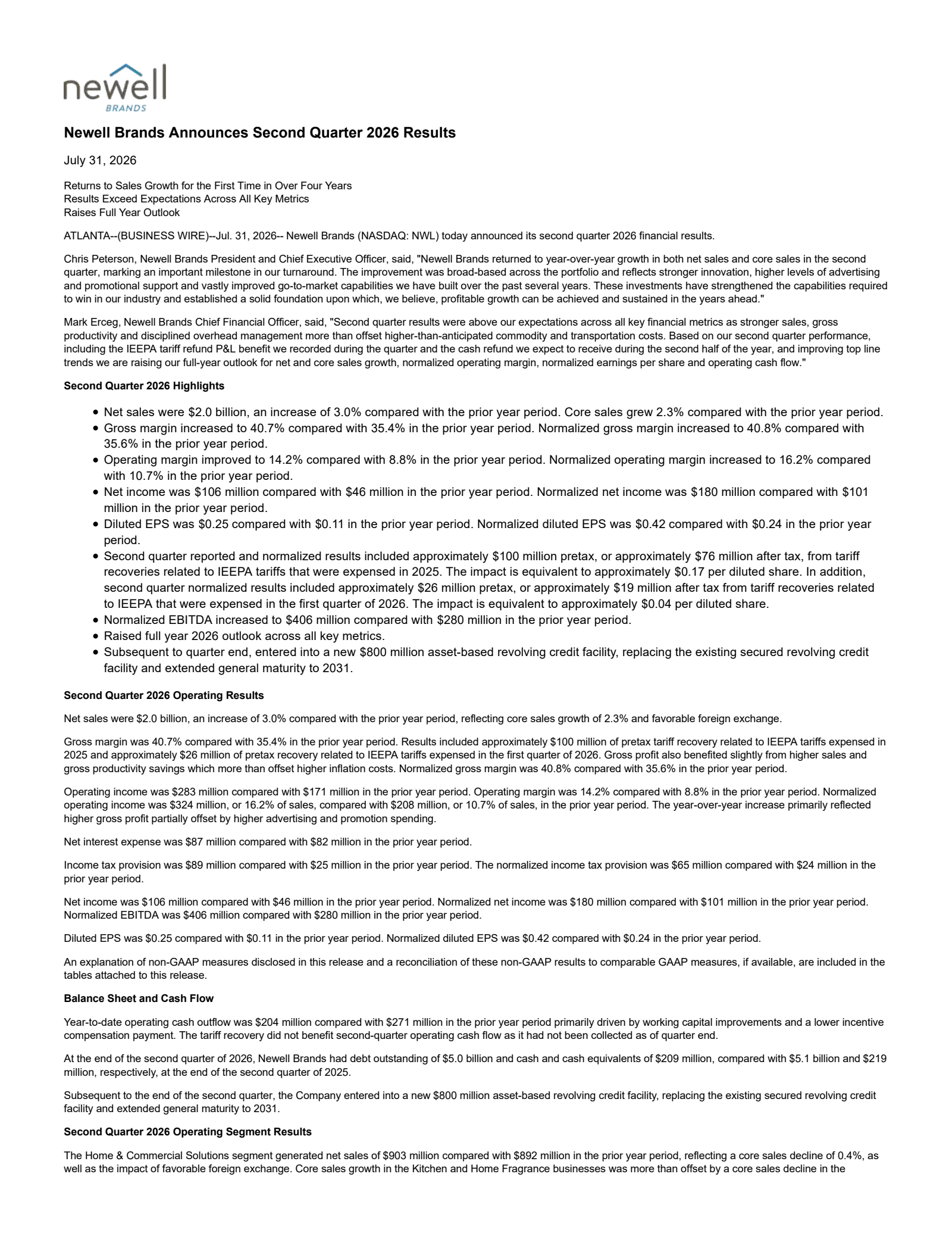 Newell Brands' Q2 2026 Press Release