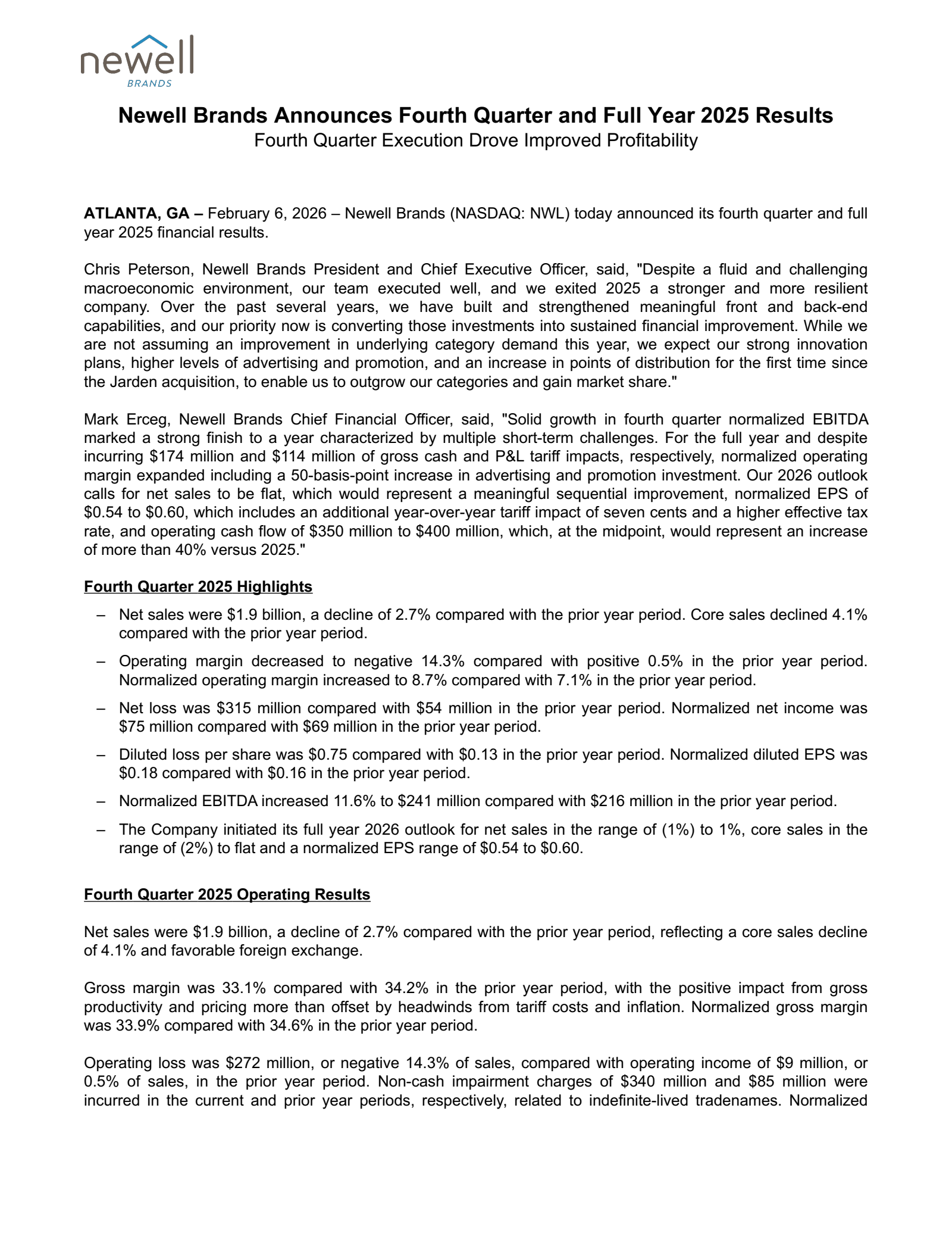 Newell Brands' Q4 2025 Press Release
