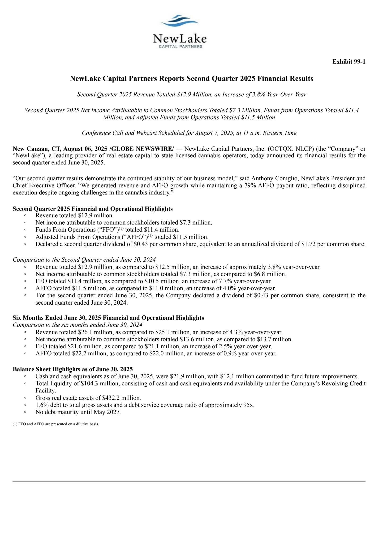 NewLake Capital Partners' Q2 2025 Press Release