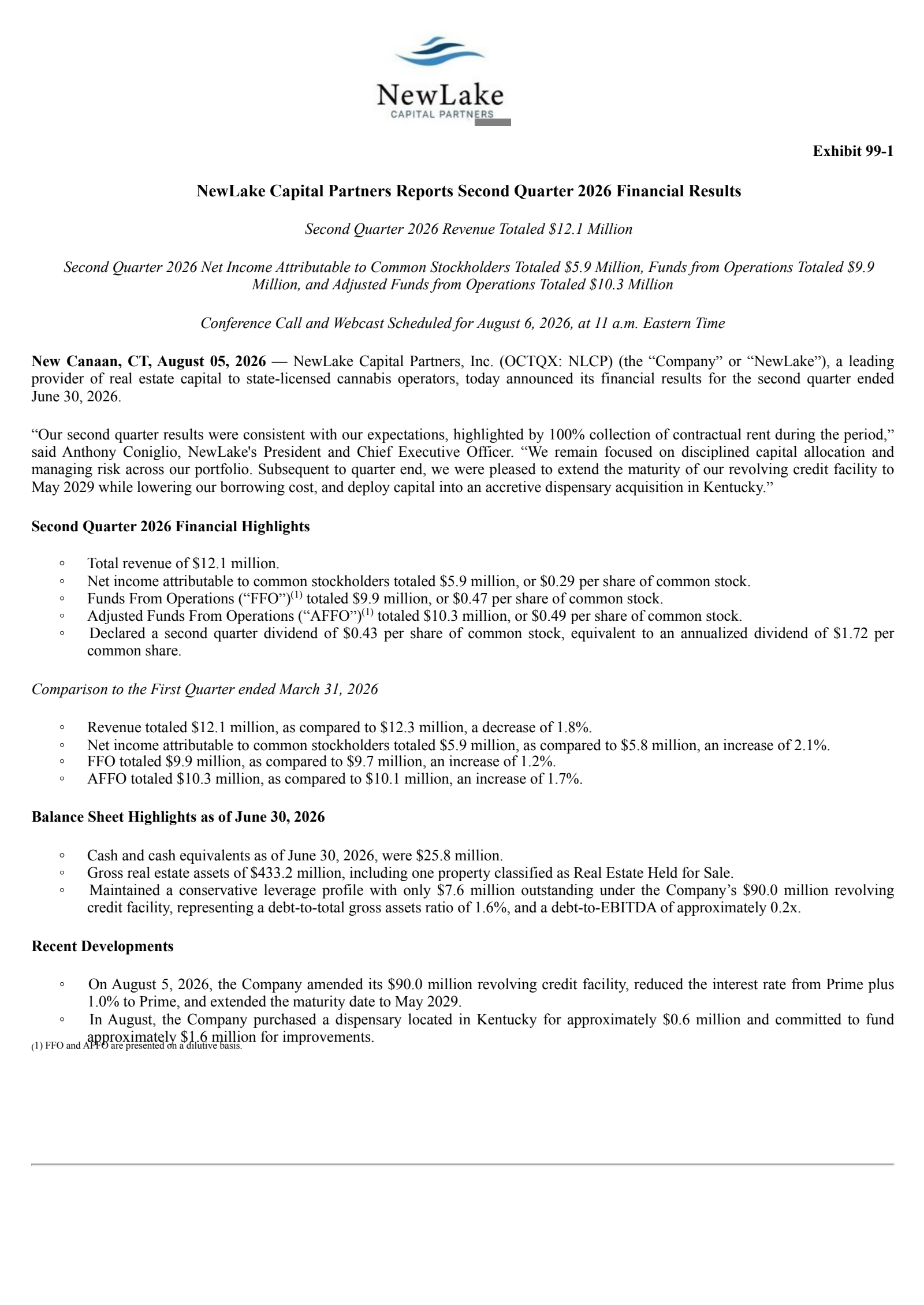 NewLake Capital Partners' Q2 2026 Press Release