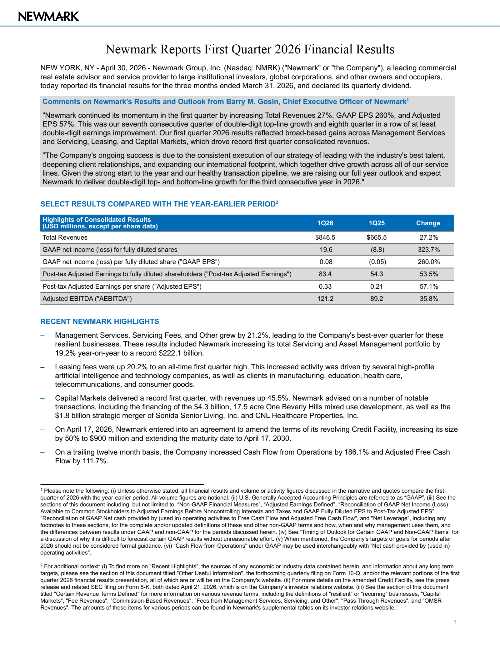 Newmark Group's Q1 2026 Press Release