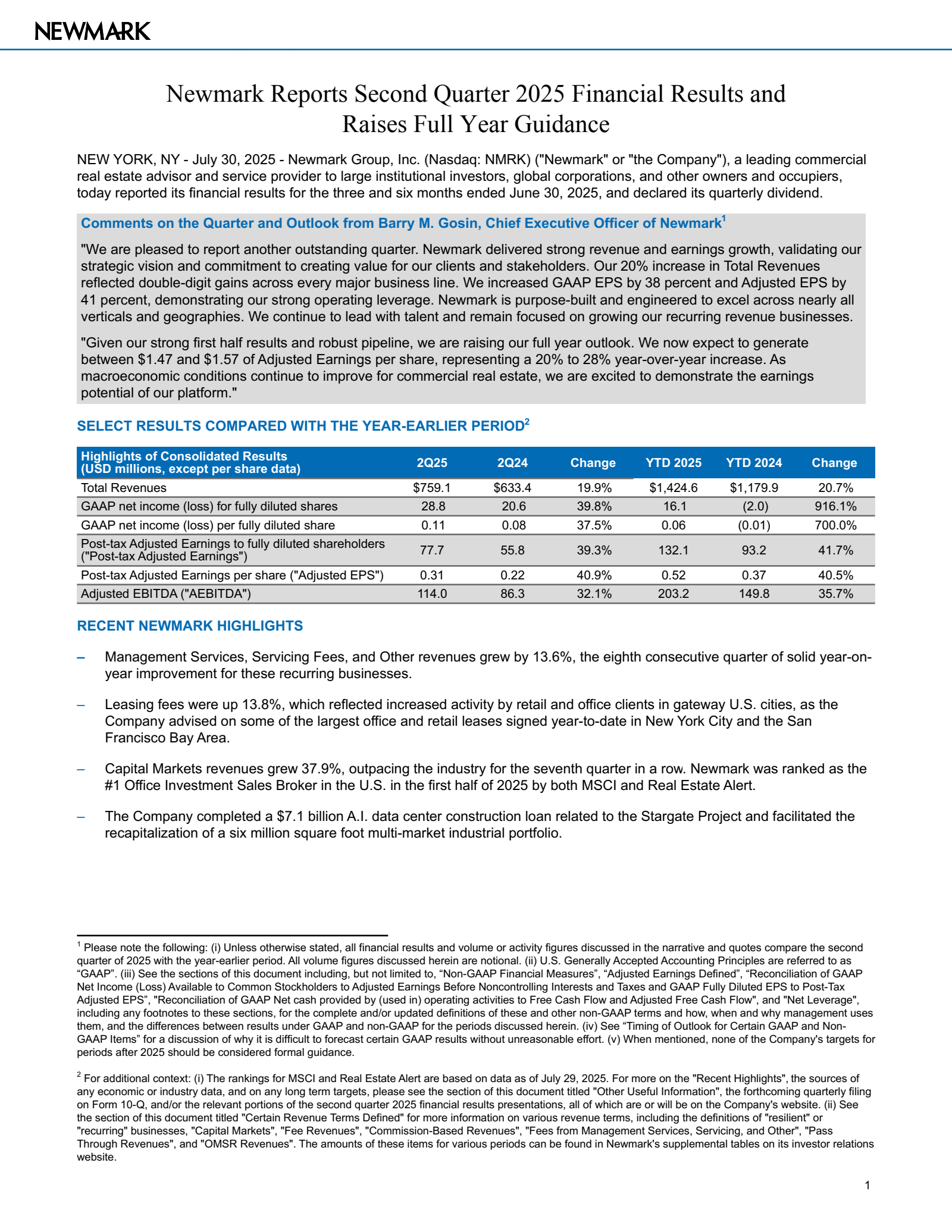 Newmark Group's Q2 2025 Press Release