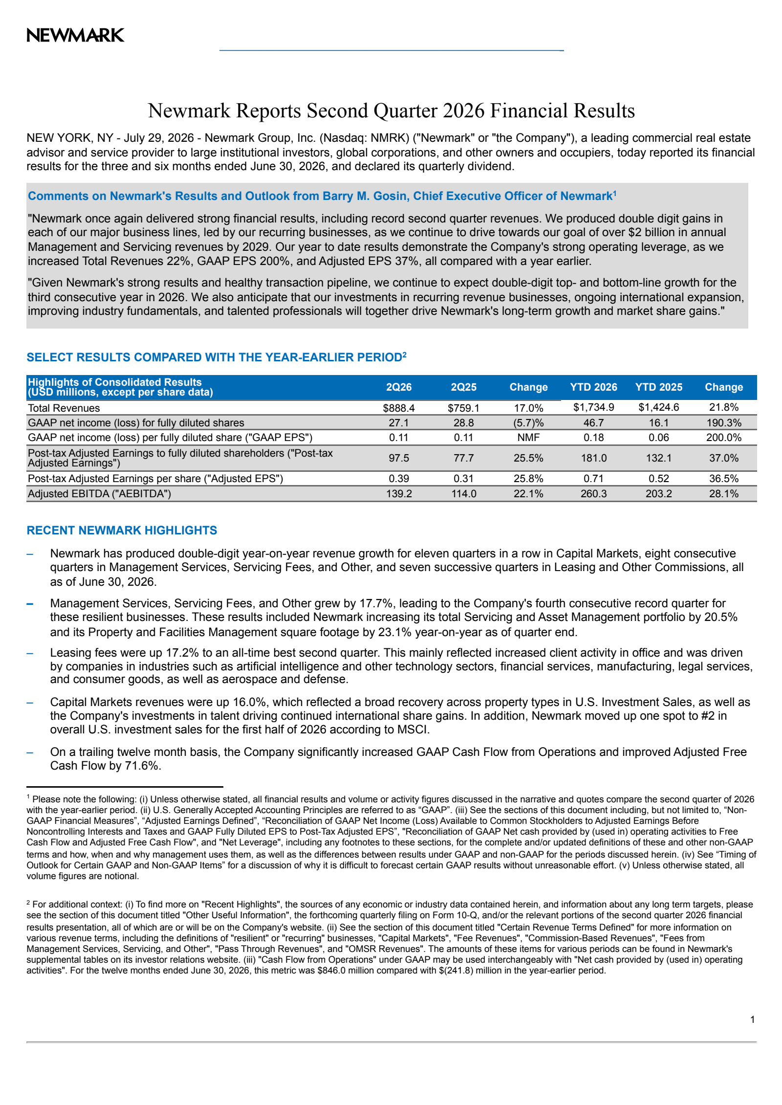 Newmark Group's Q2 2026 Press Release