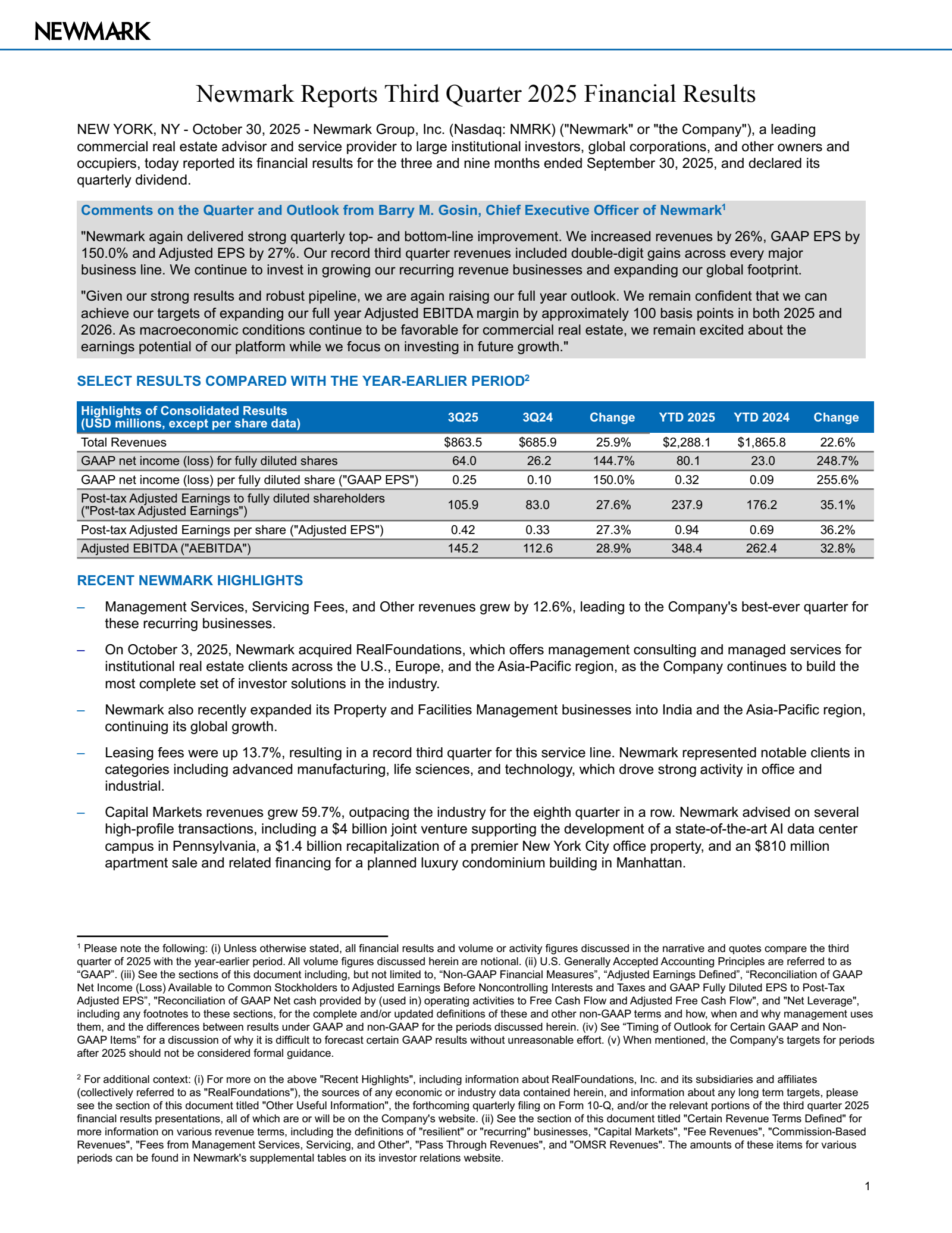 Newmark Group's Q3 2025 Earnings Release