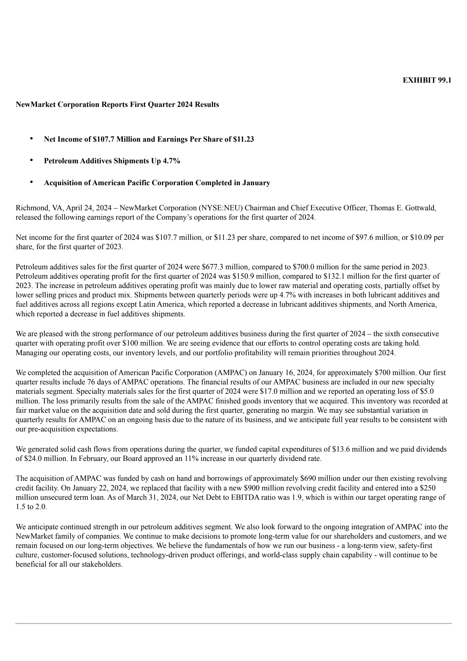 NewMarket's Q1 2024 Press Release