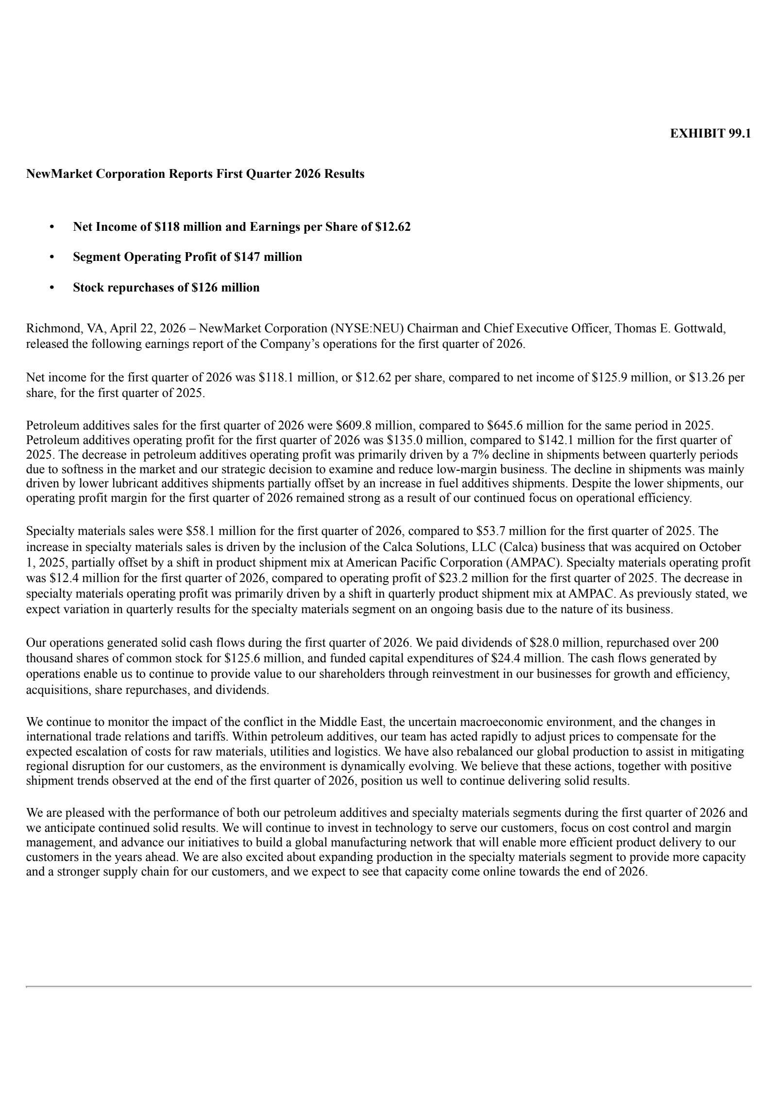 NewMarket's Q1 2026 Press Release