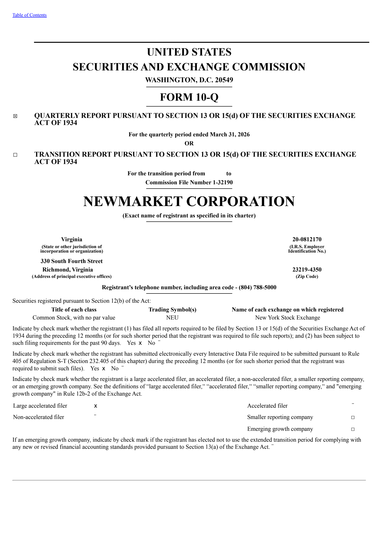 NewMarket's Q1 2026 Quarterly report