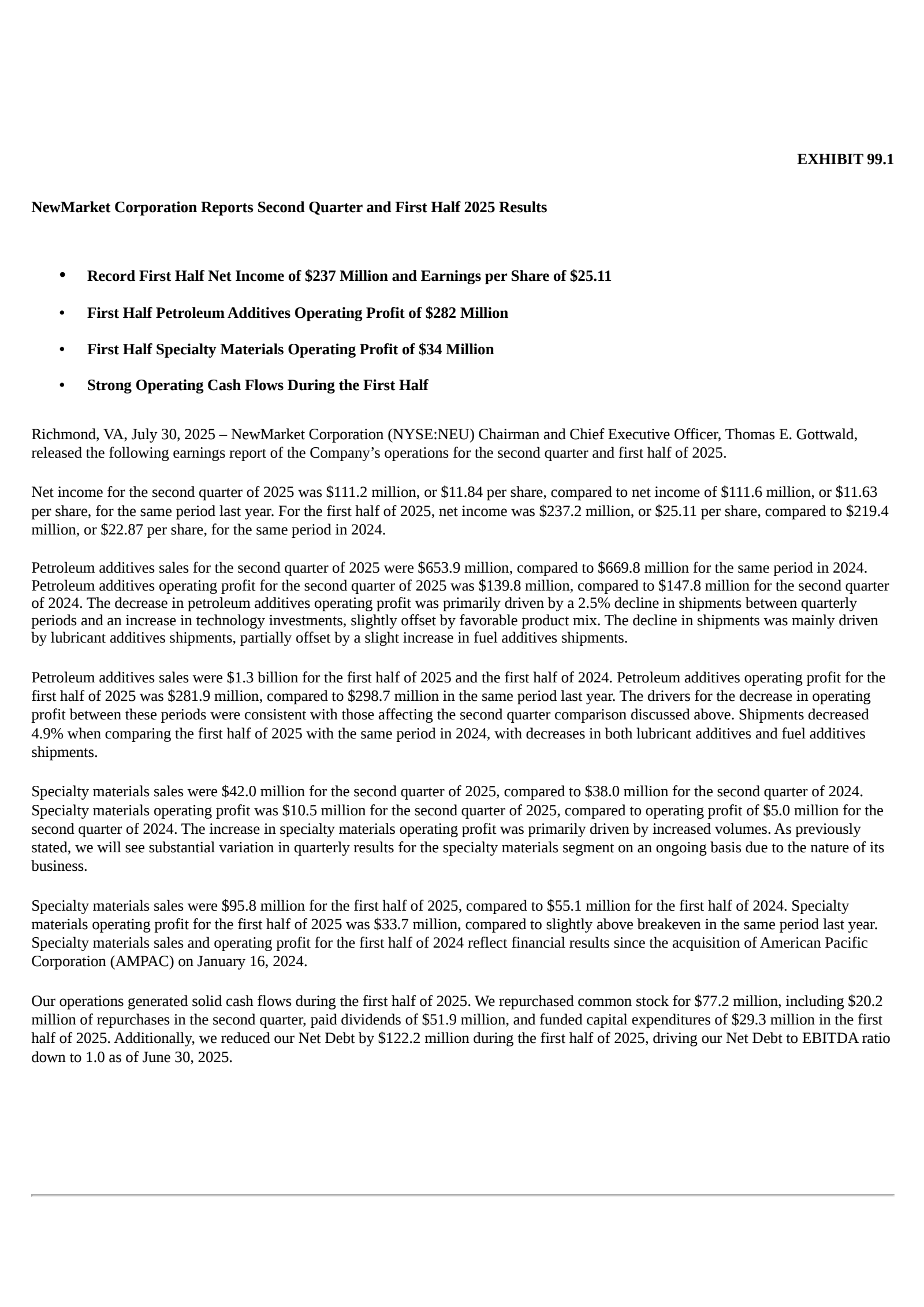 NewMarket's Q2 2025 Press Release
