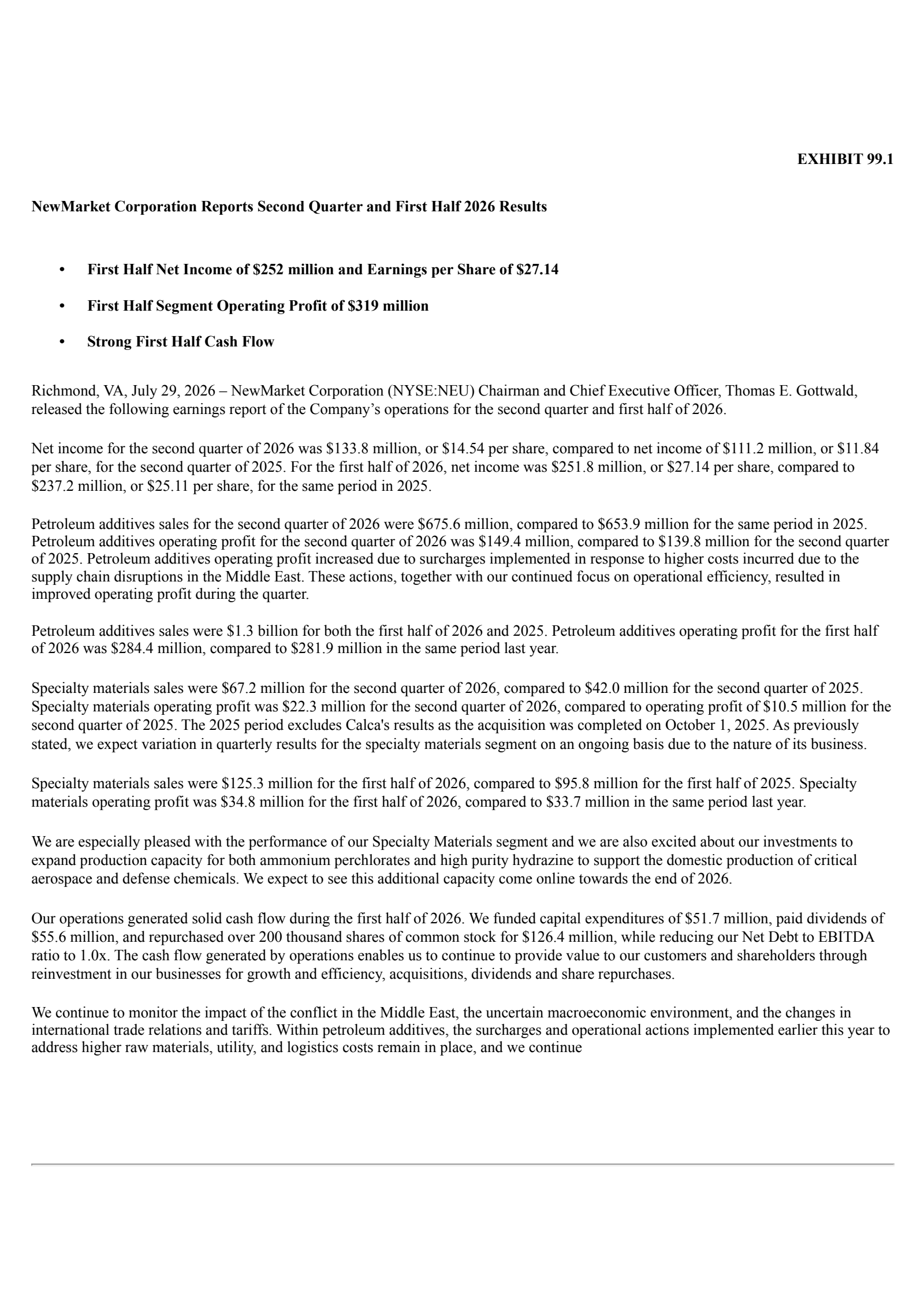 NewMarket's Q2 2026 Press Release