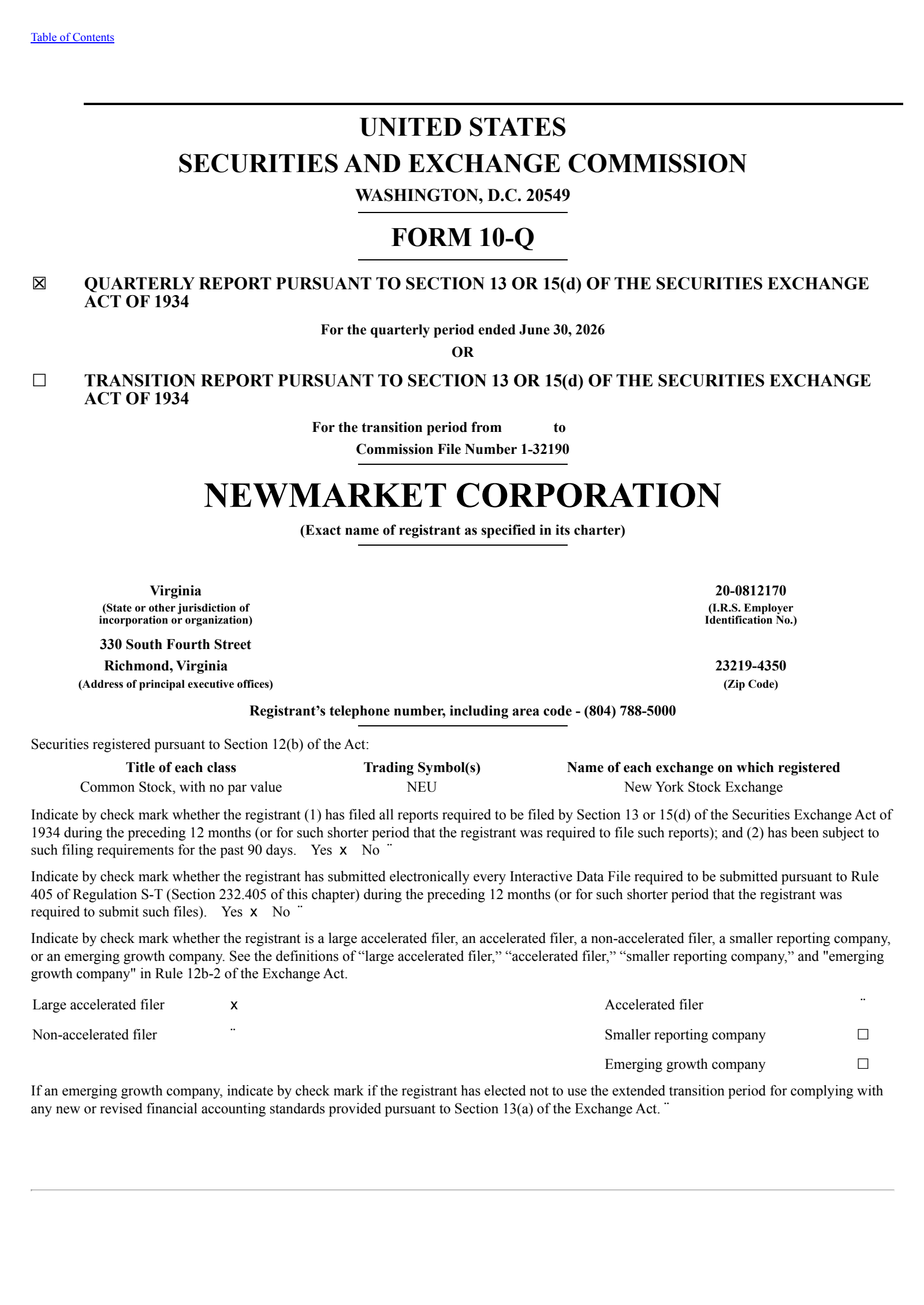 NewMarket's Q2 2026 Quarterly report