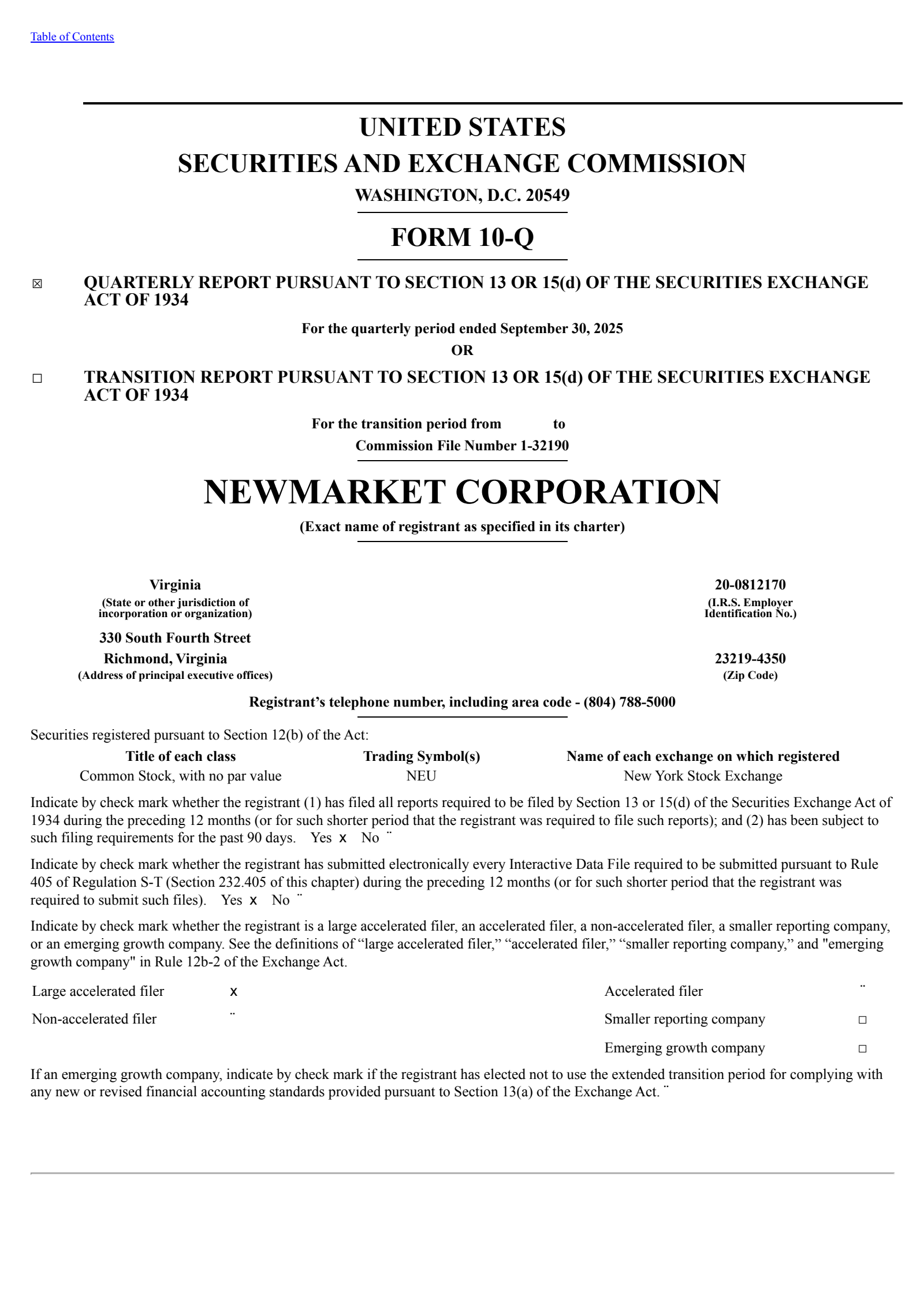 NewMarket's Q3 2025 Quarterly Report