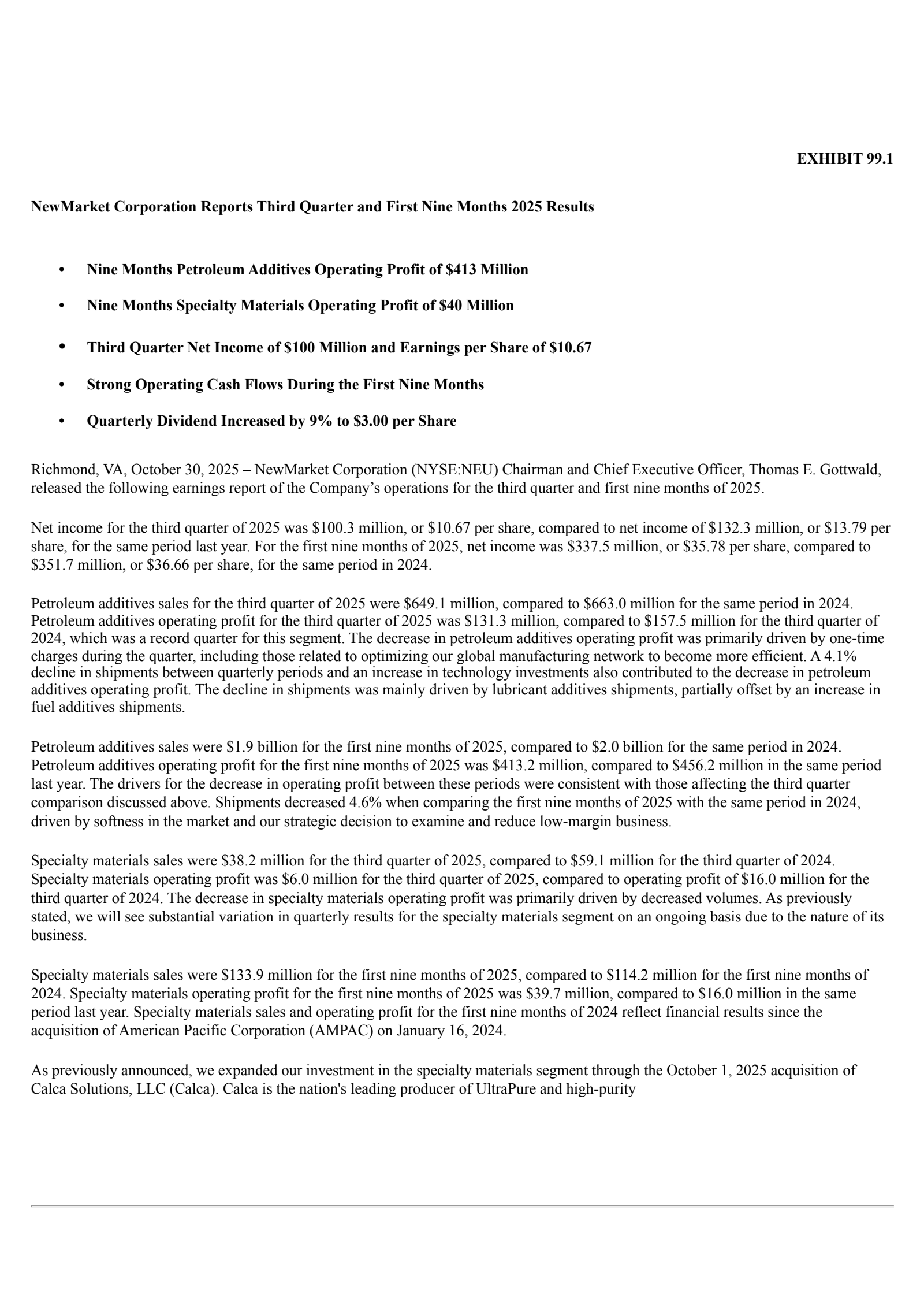 NewMarket's Q3 2025 Earnings Release