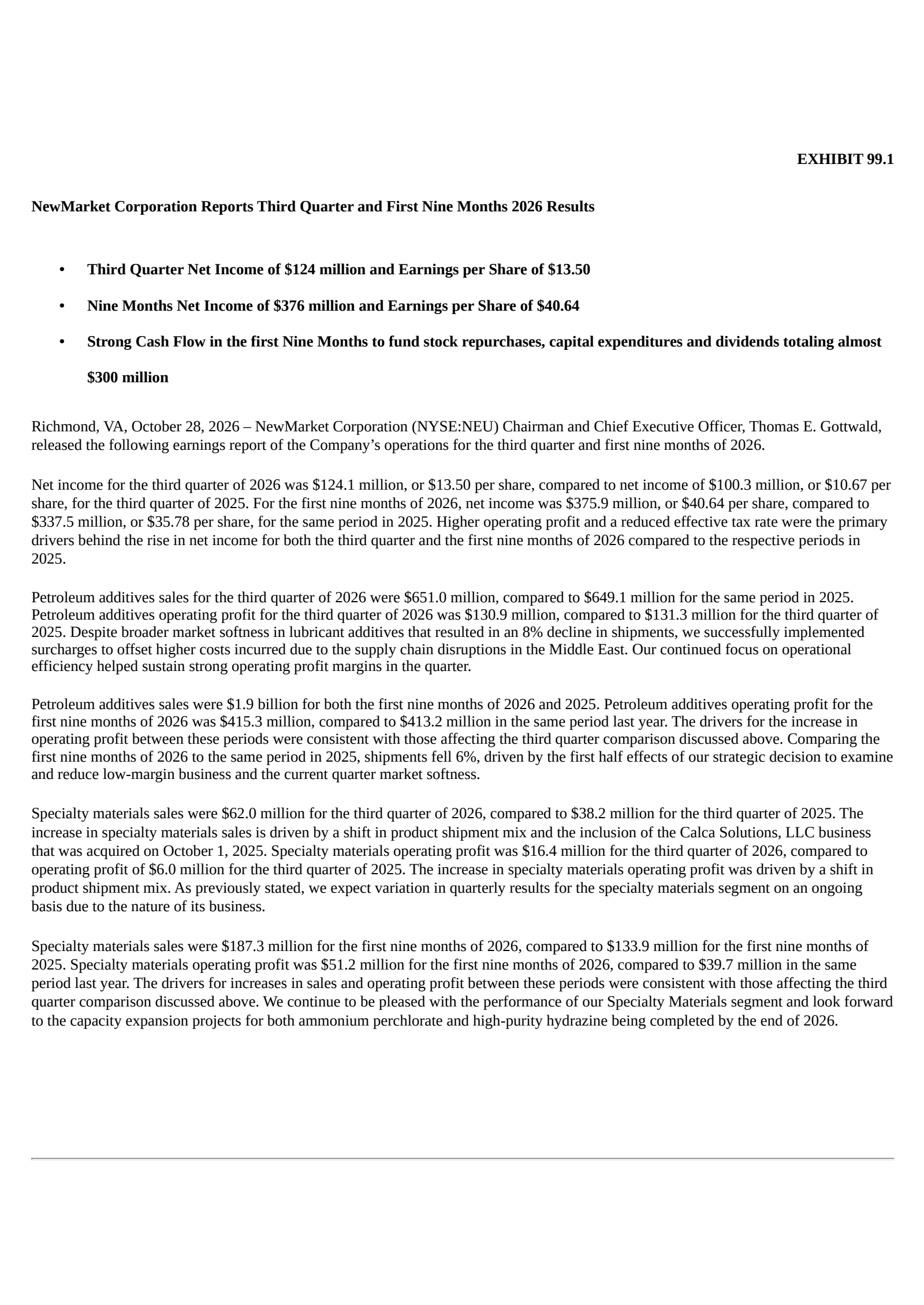 NewMarket's Q3 2026 Press Release