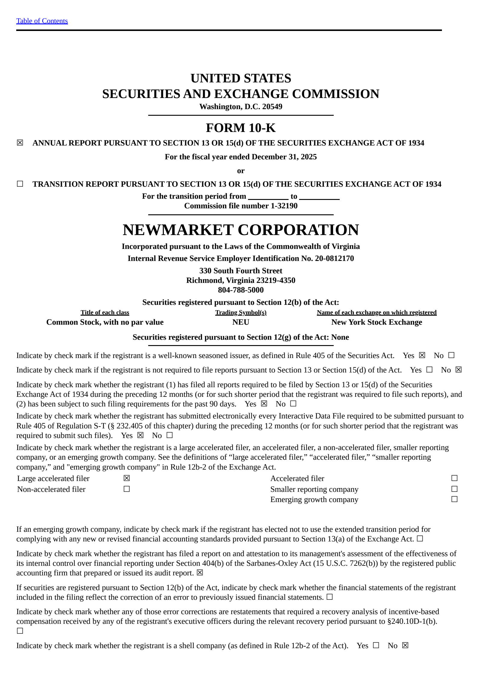NewMarket's Q4 2025 Annual report