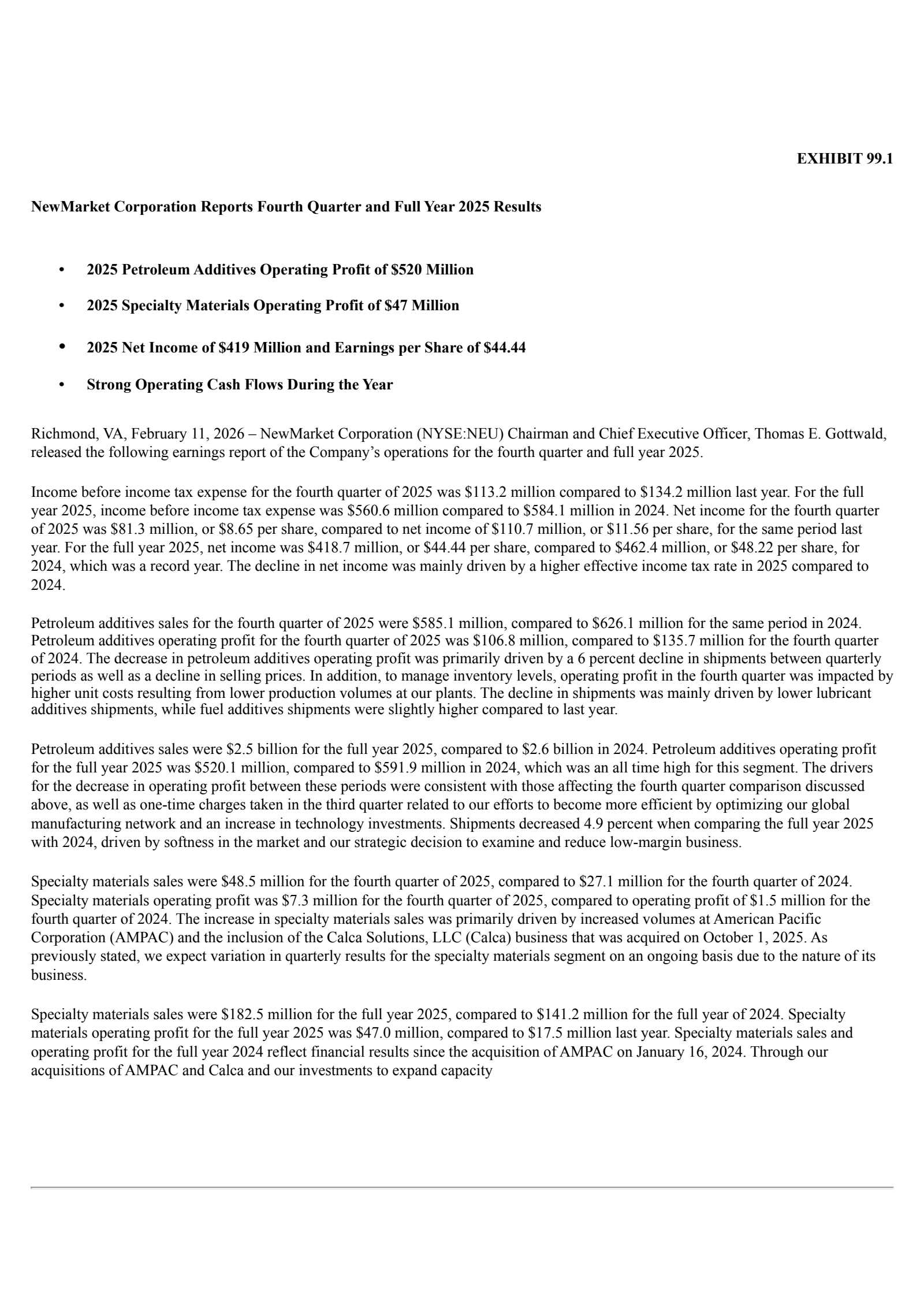 NewMarket's Q4 2025 Press Release