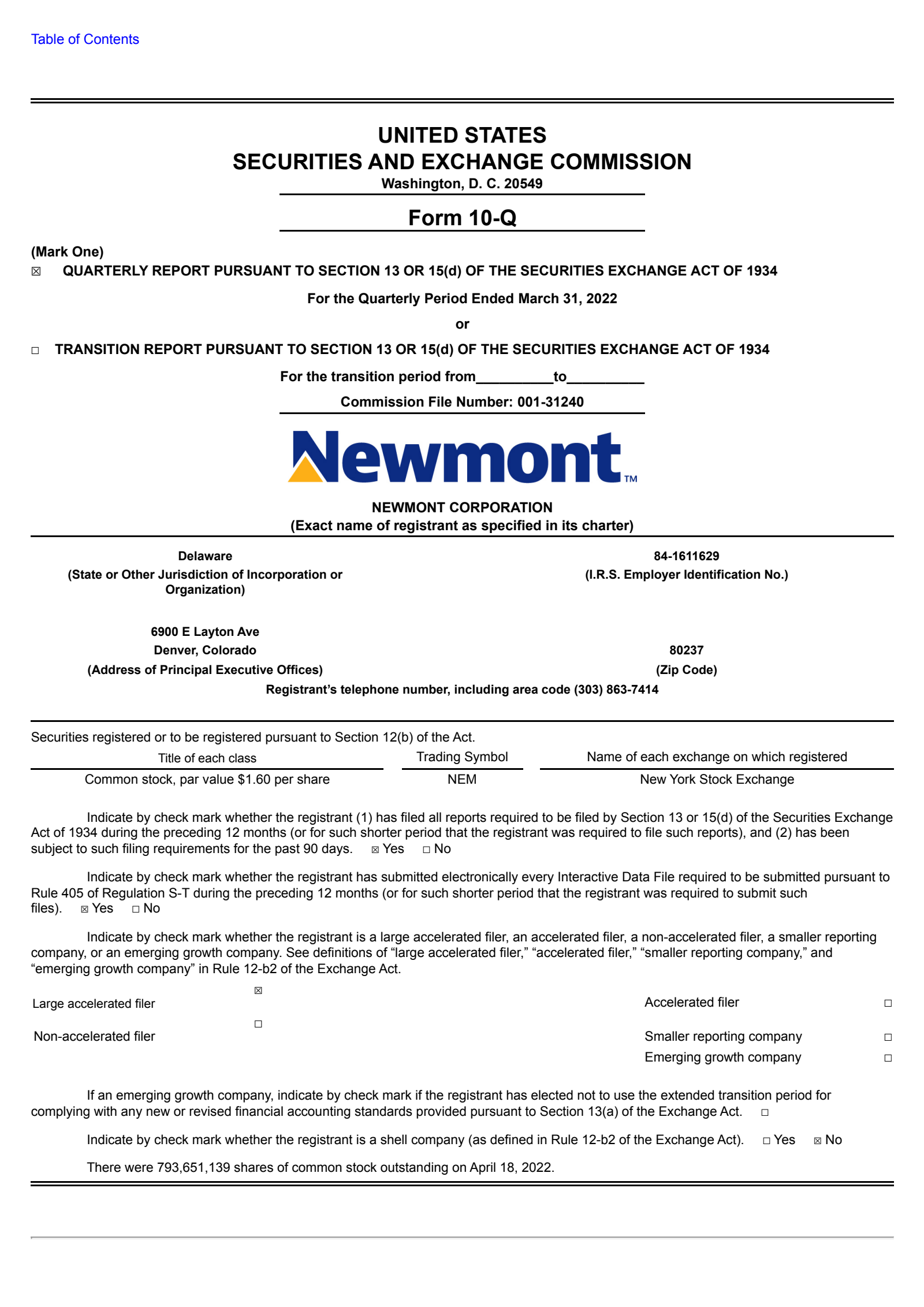 Newmont's Q1 2022 Quarterly report