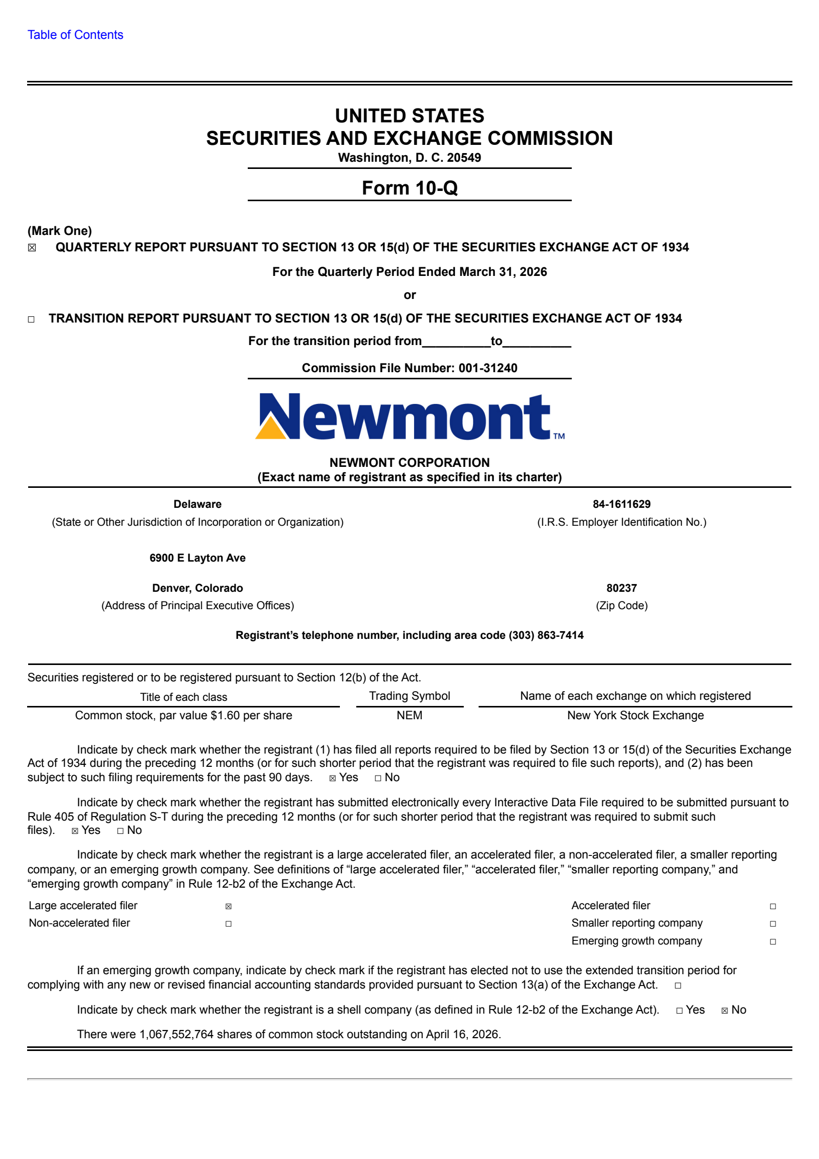 Newmont's Q1 2026 Quarterly report