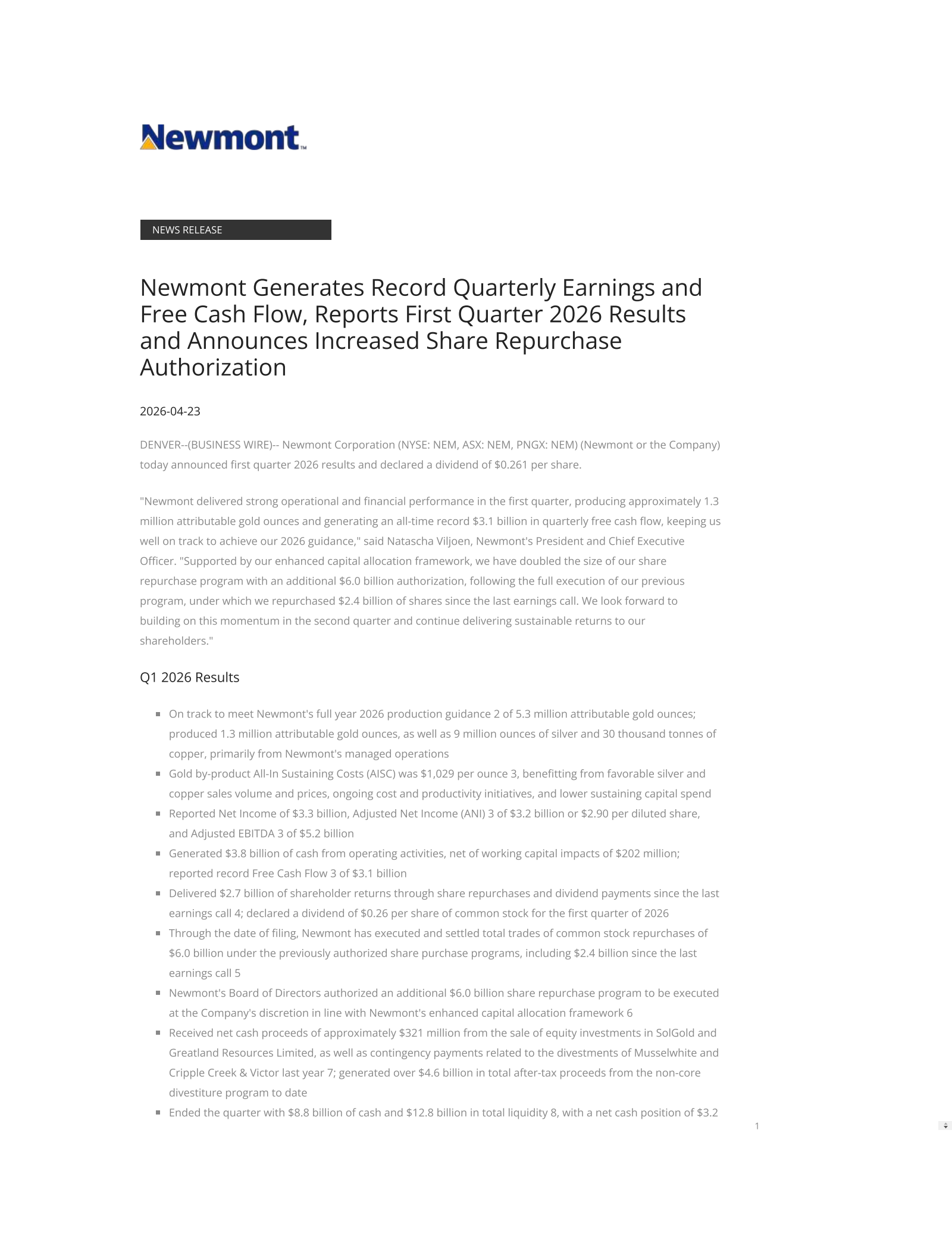 Newmont's Q1 2026 Press Release