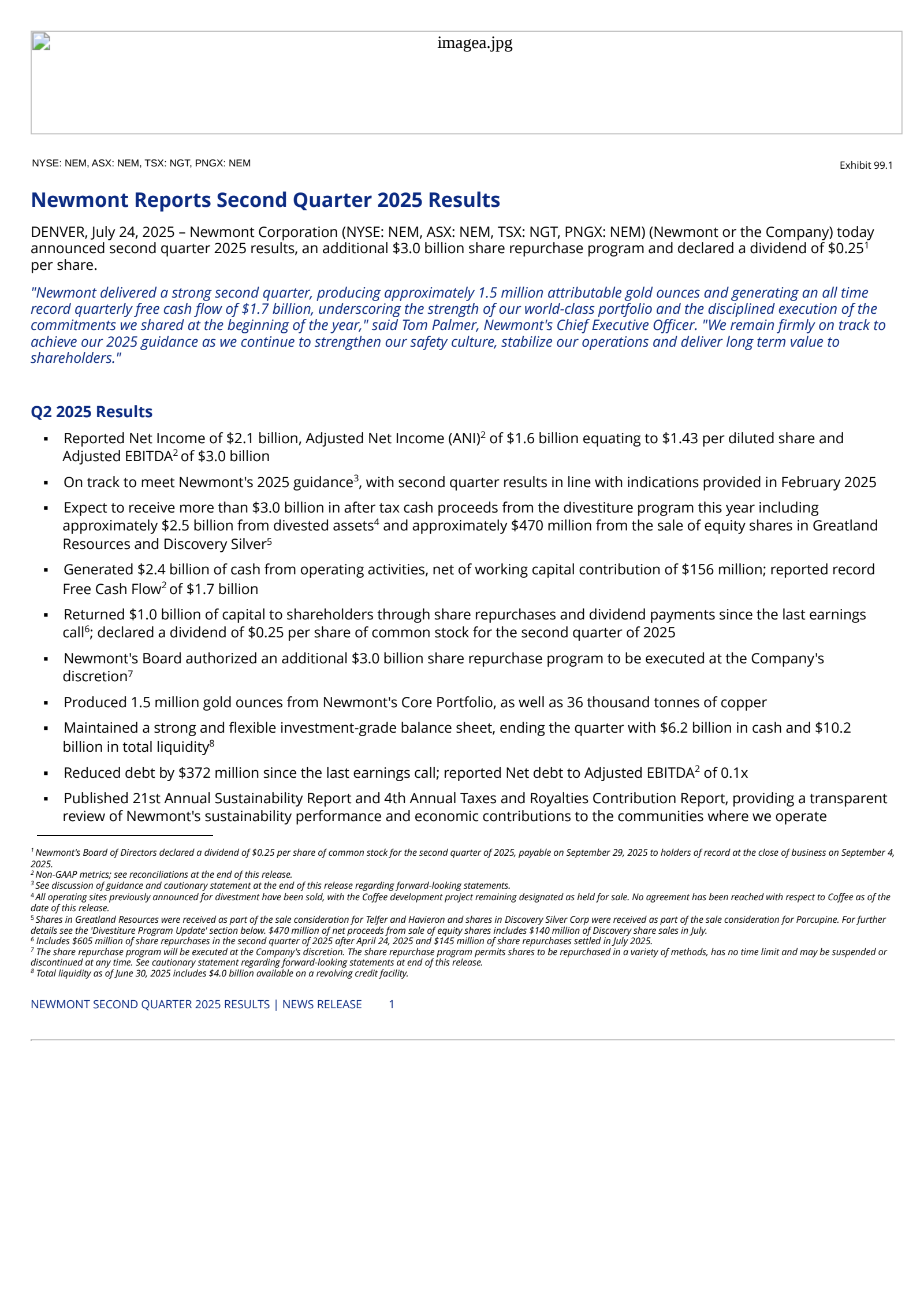Newmont's Q2 2025 Press Release