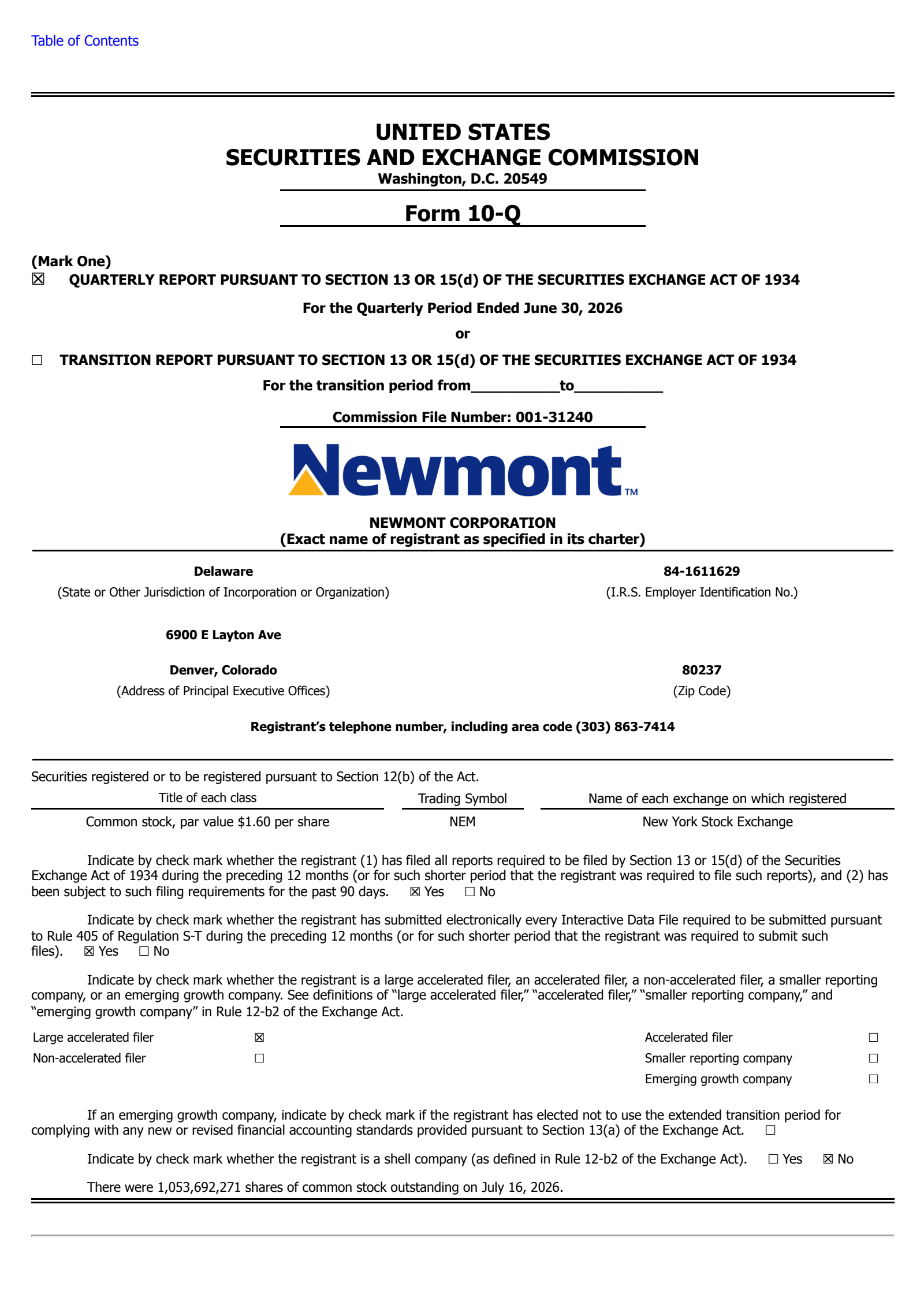 Newmont's Q2 2026 Quarterly report