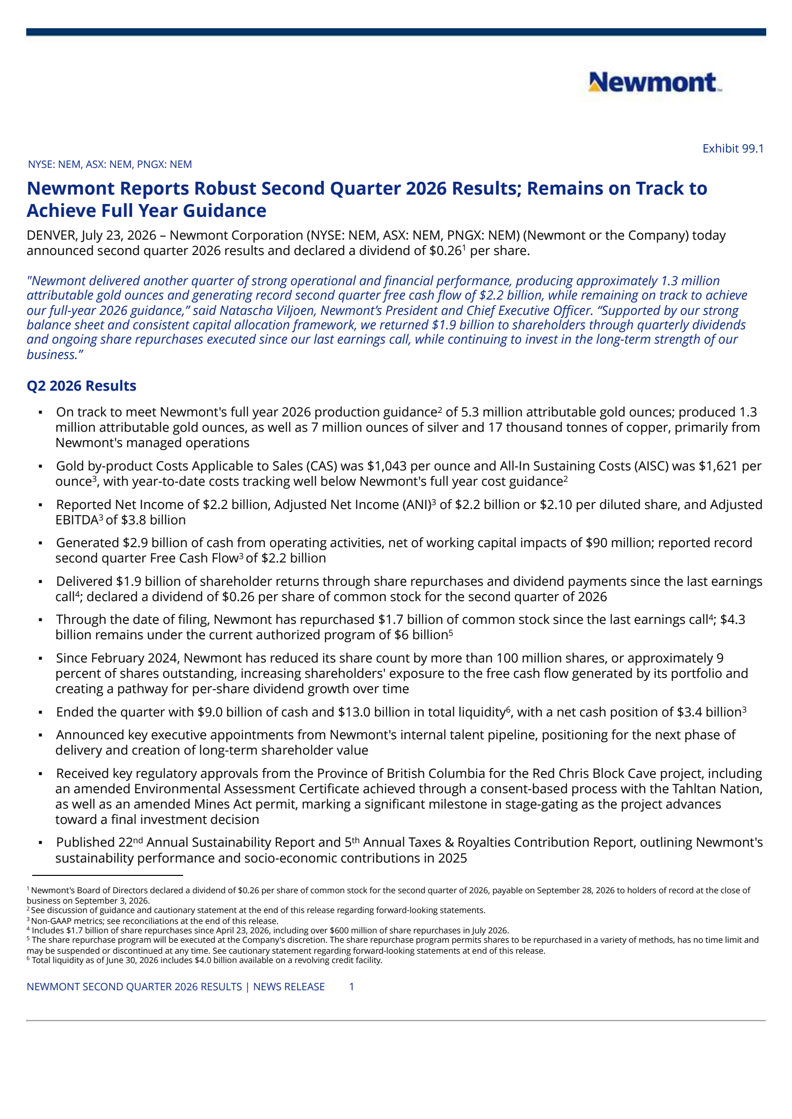 Newmont's Q2 2026 Press Release