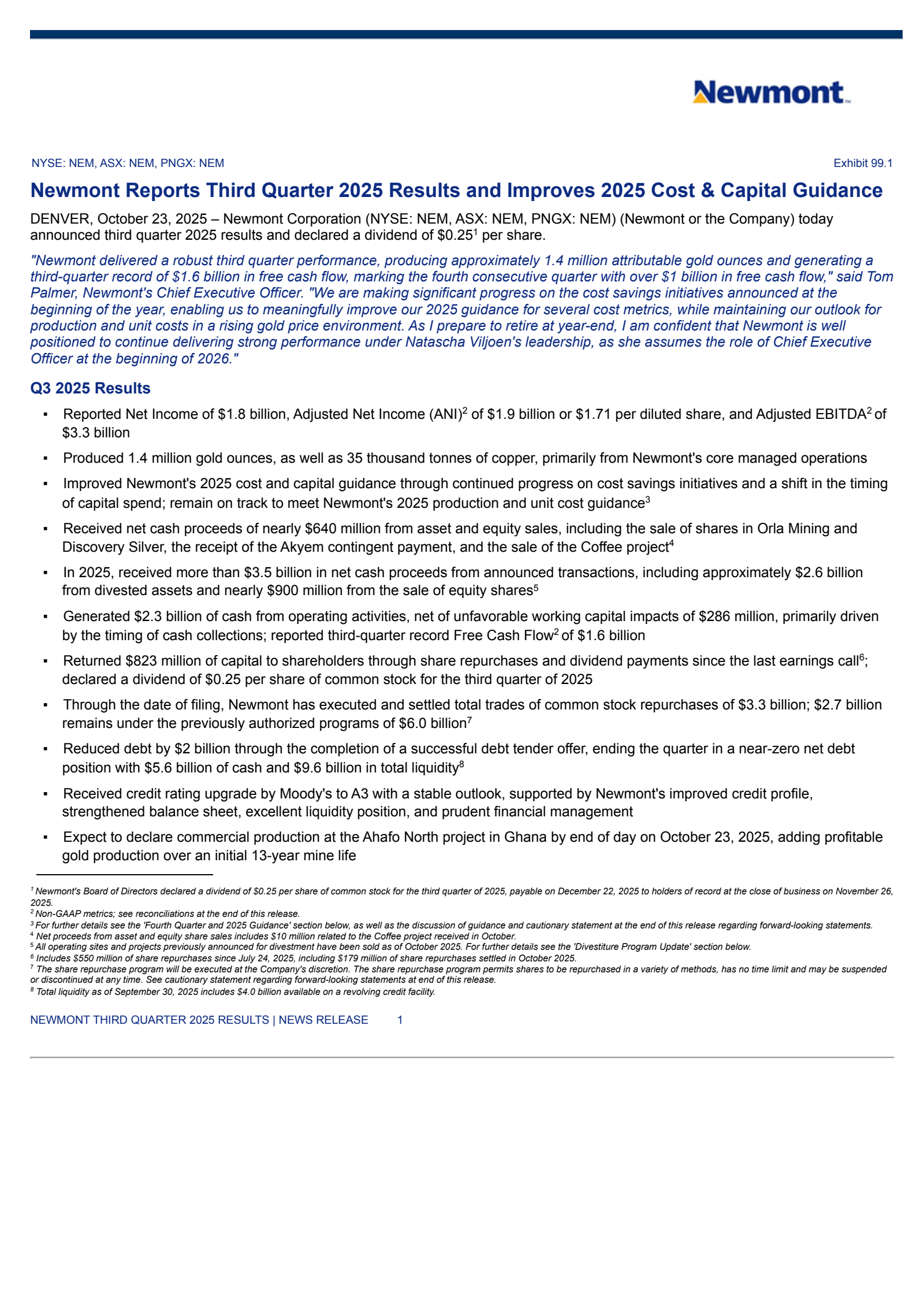 Newmont's Q3 2025 Earnings Release