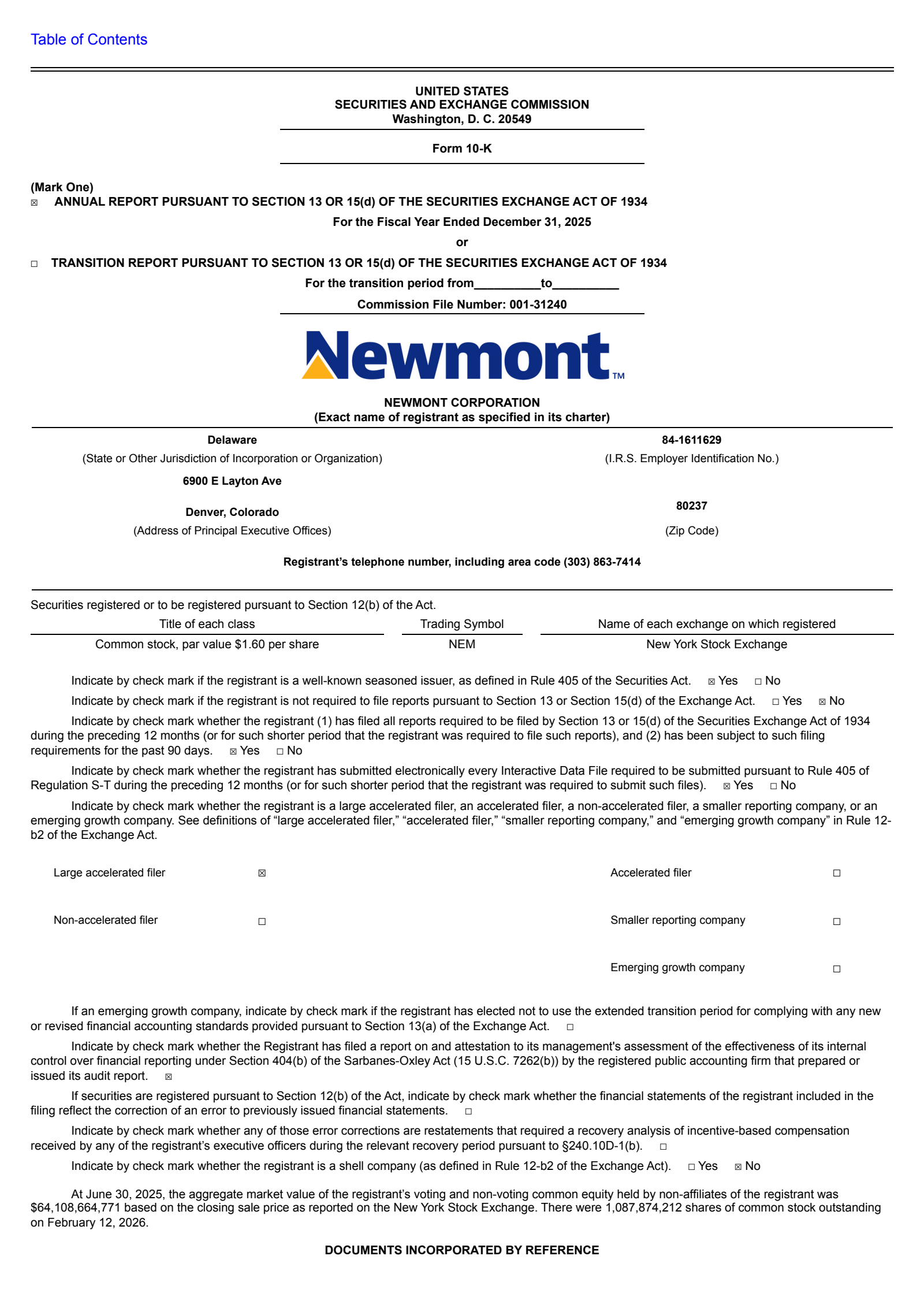 Newmont's Q4 2025 Annual report