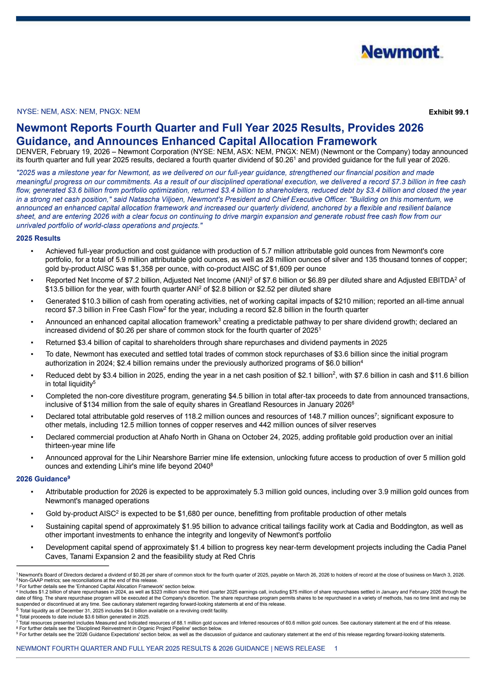 Newmont's Q4 2025 Press Release
