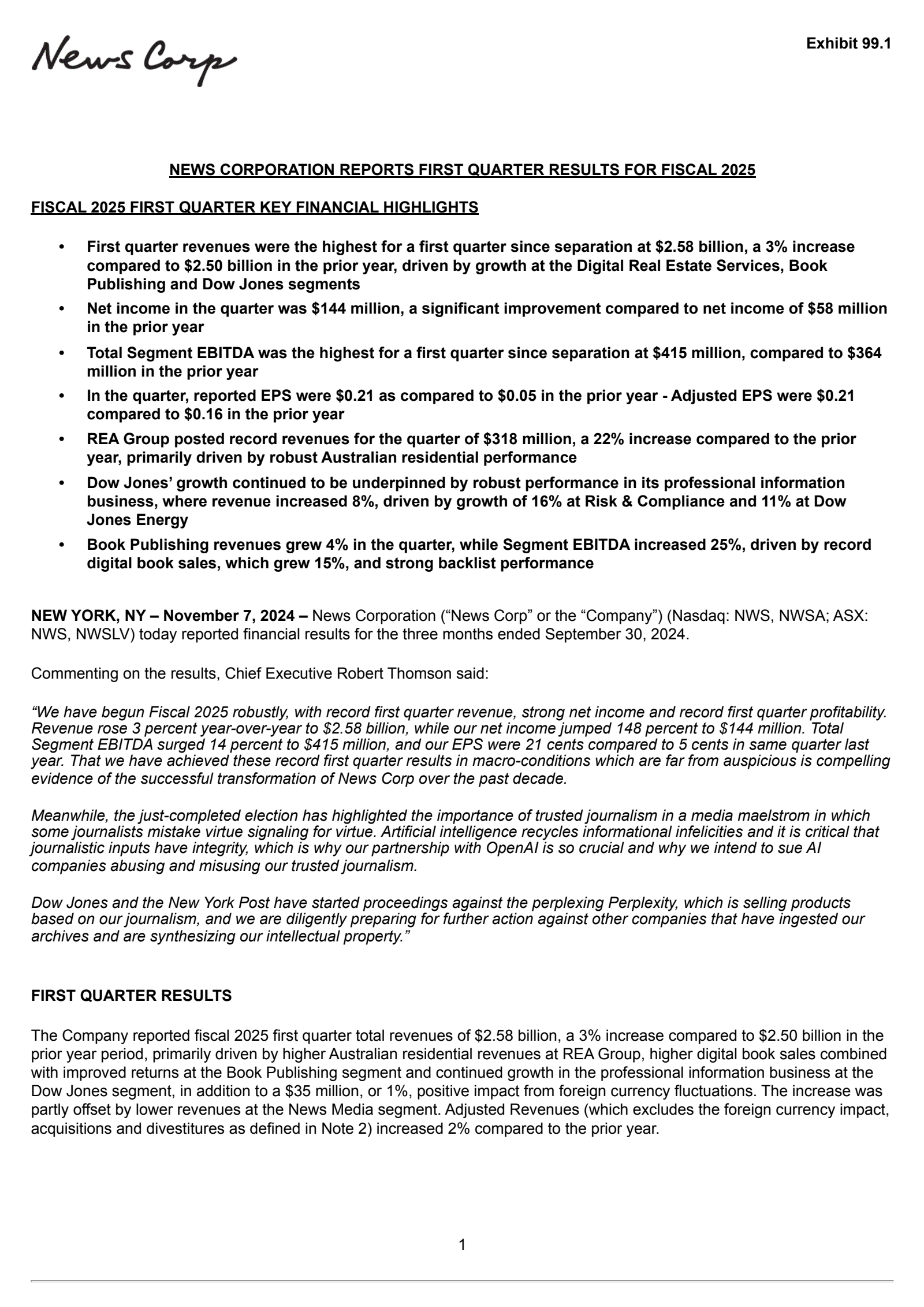 News' Q1 2025 Press Release