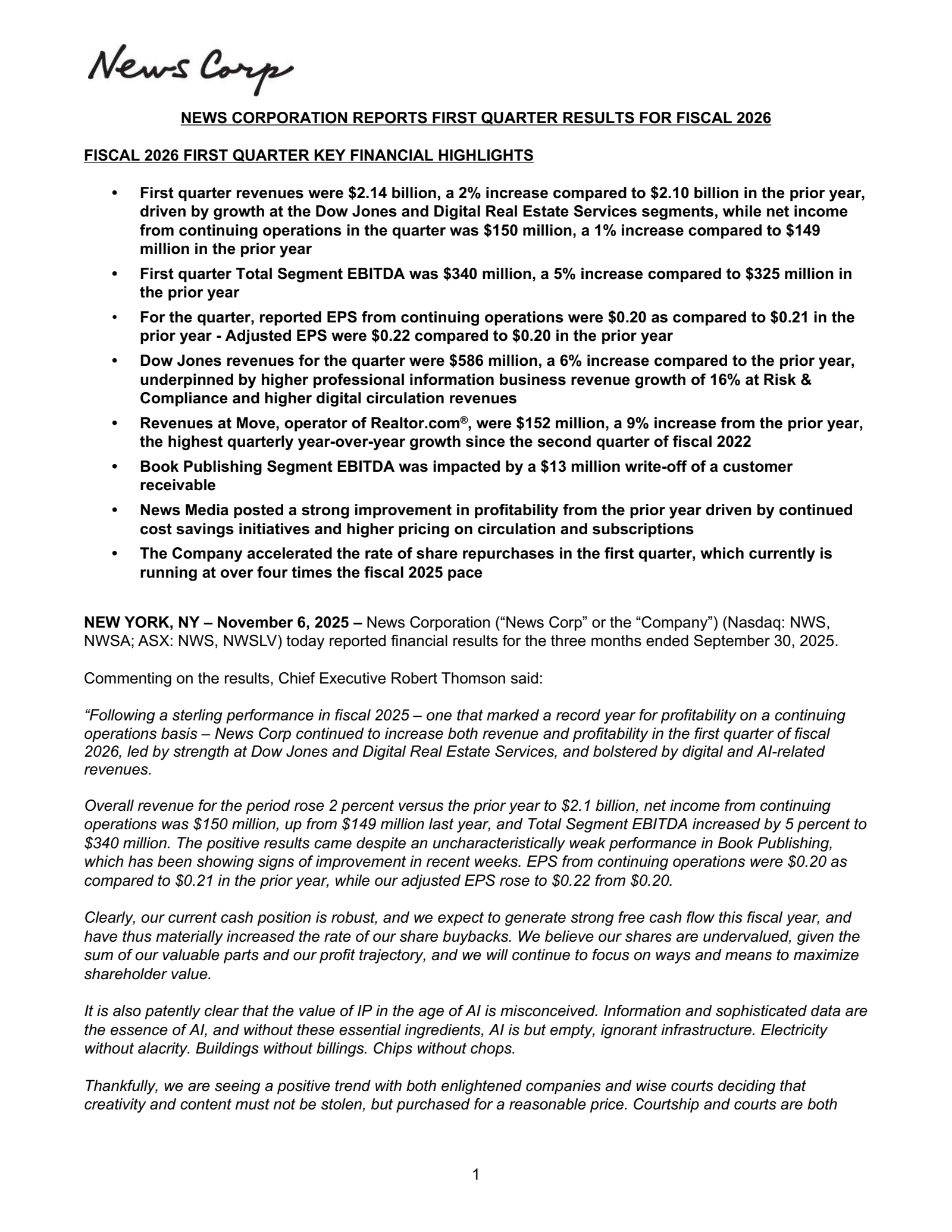 News' Q1 2026 Earnings Release