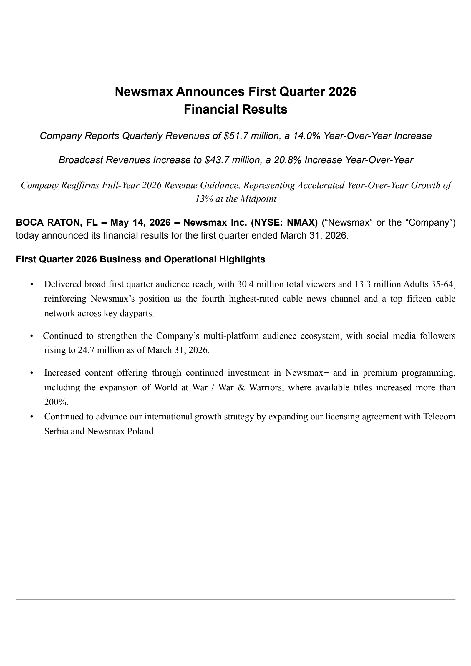 Newsmax's Q1 2026 Press Release