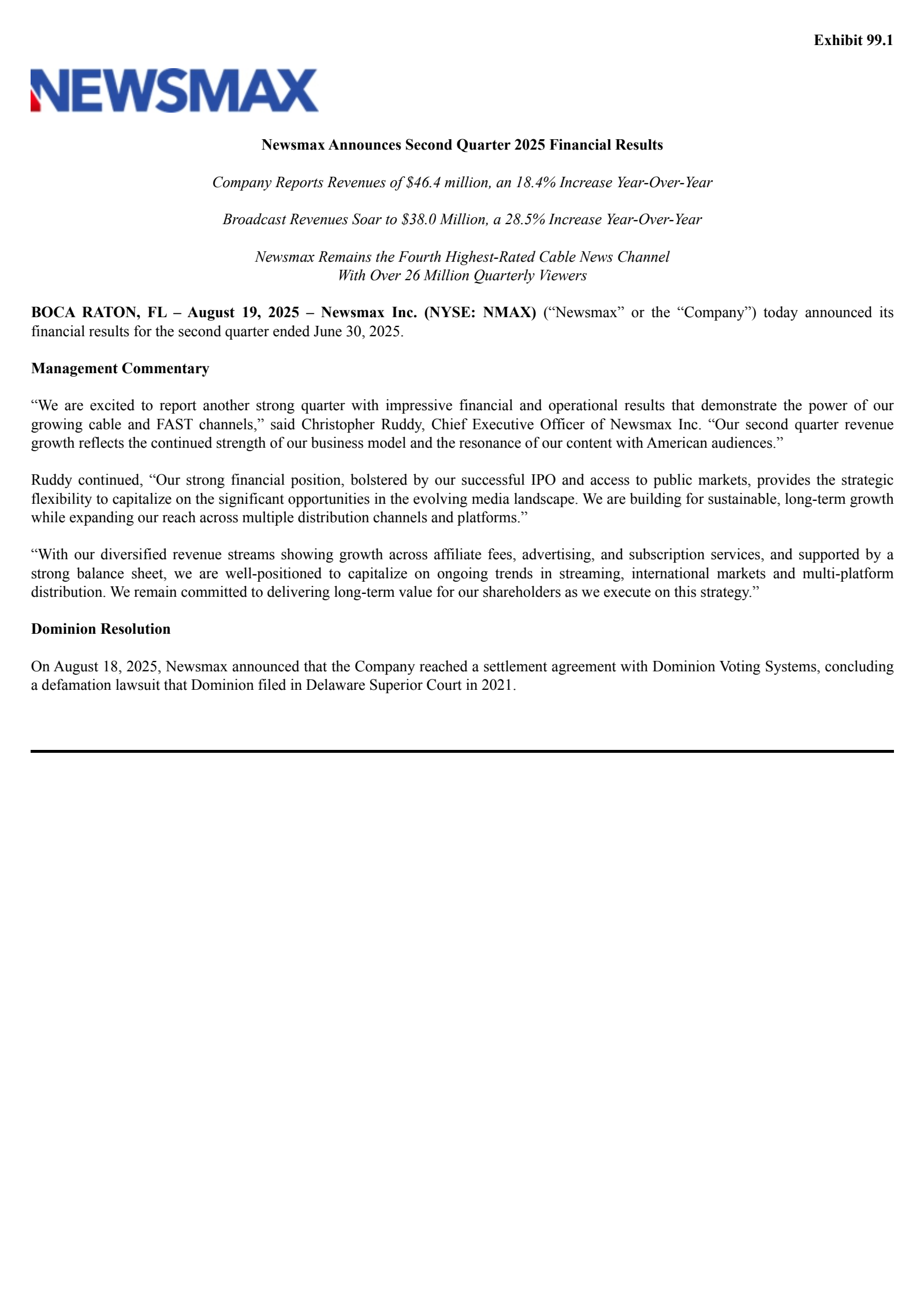 Newsmax's Q2 2025 Press Release