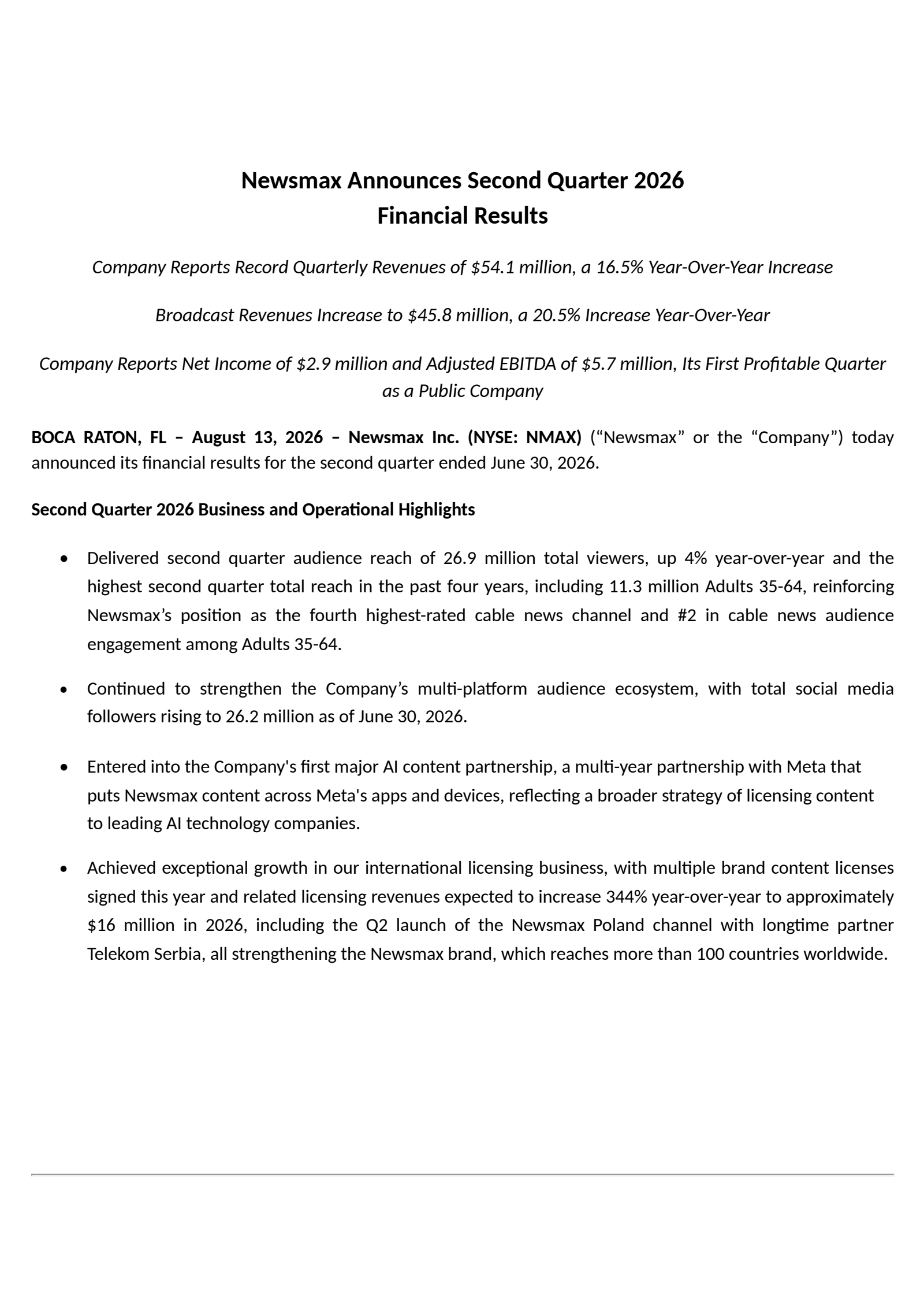 Newsmax's Q2 2026 Press Release