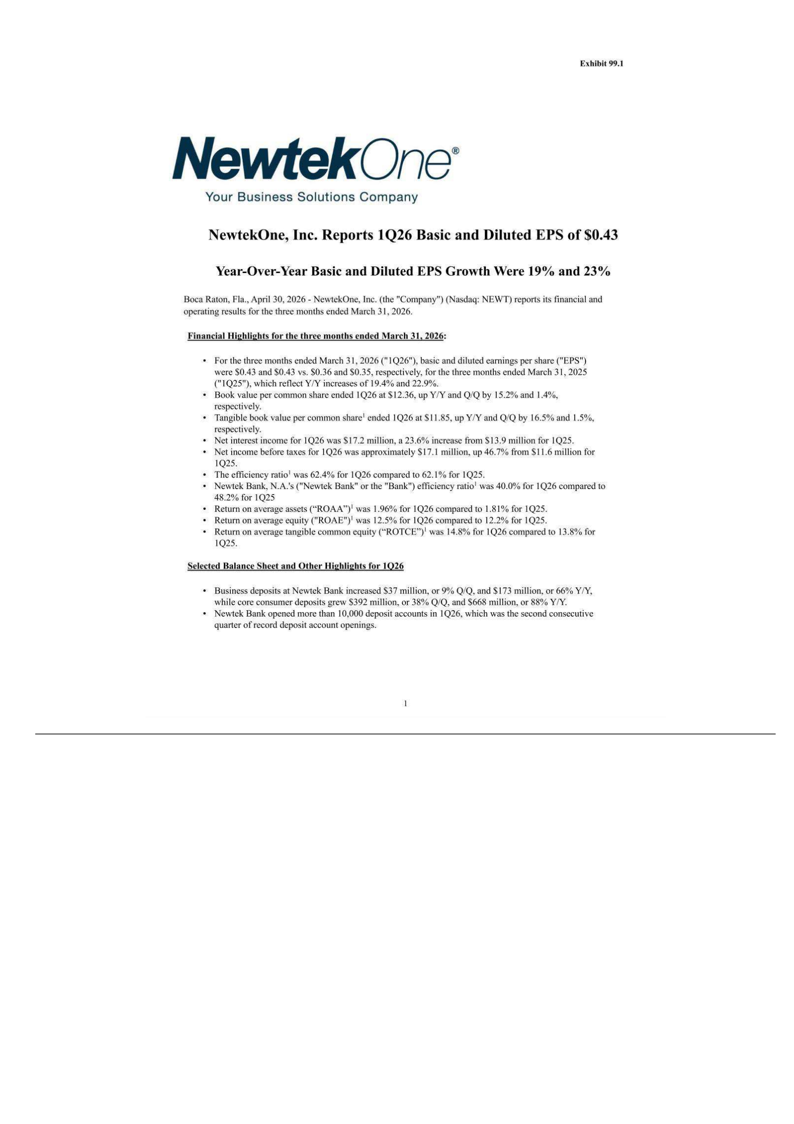 NewtekOne's Q1 2026 Press Release