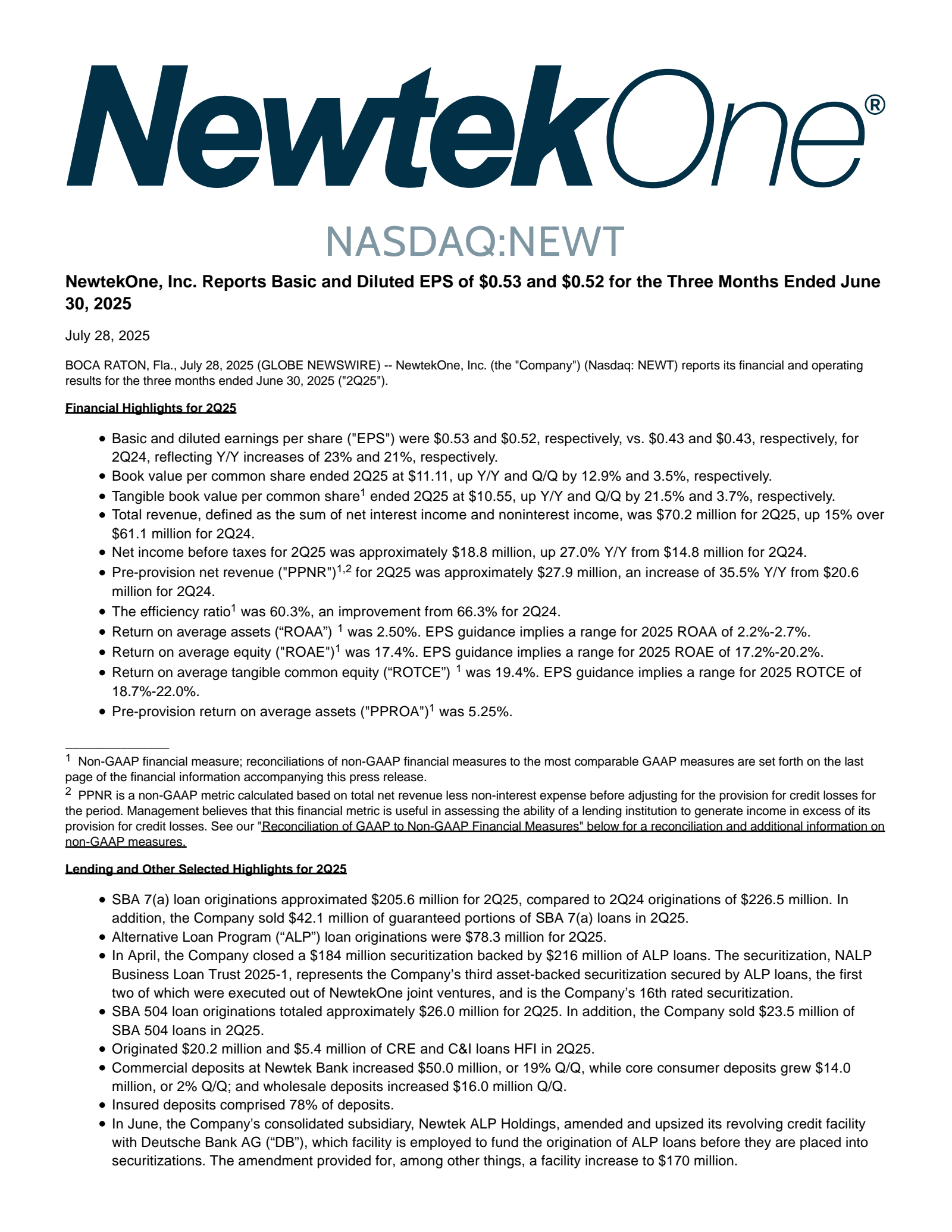 NewtekOne's Q2 2025 Press Release