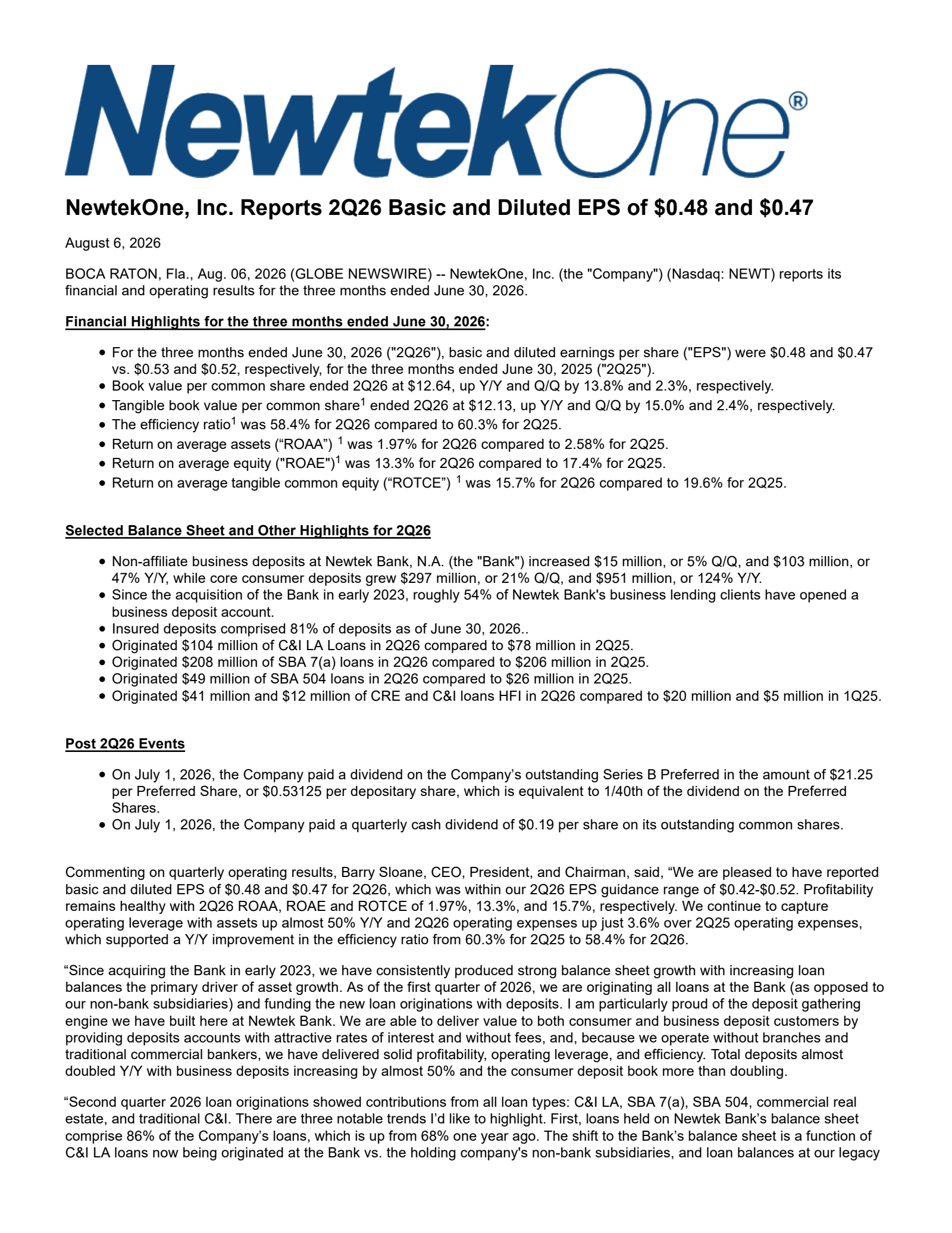 NewtekOne's Q2 2026 Press Release