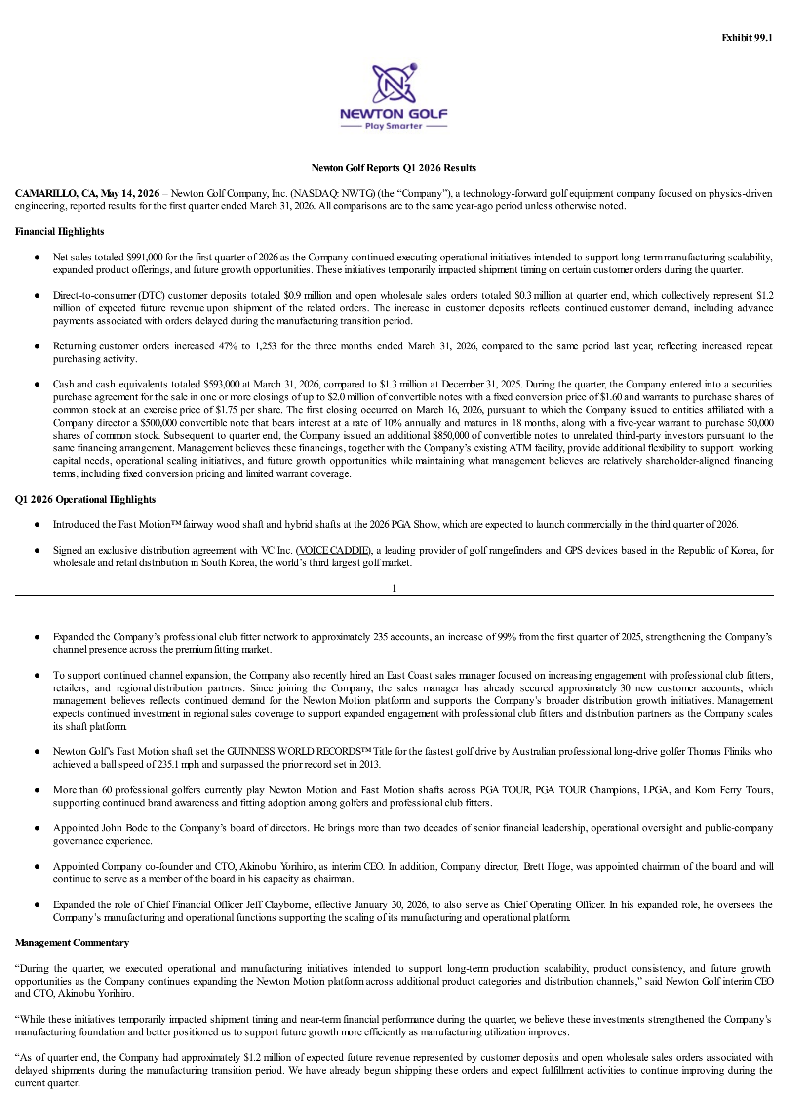 Newton Golf's Q1 2026 Press Release