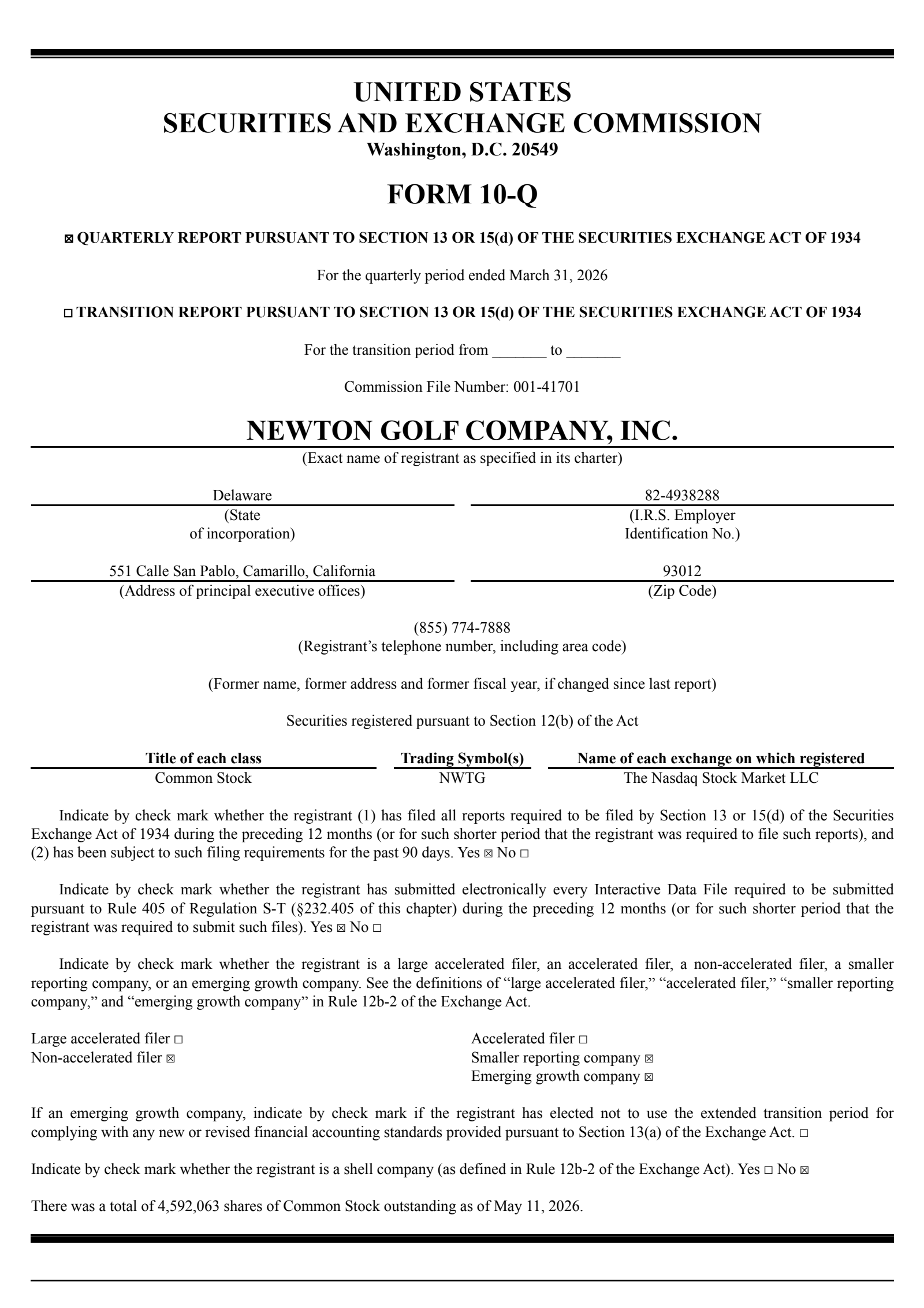 Newton Golf's Q1 2026 Quarterly report
