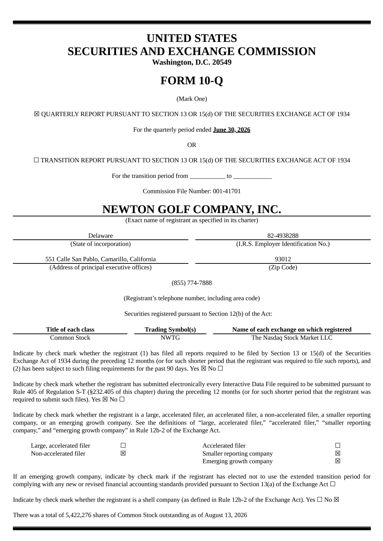 Newton Golf's Q2 2026 Quarterly report