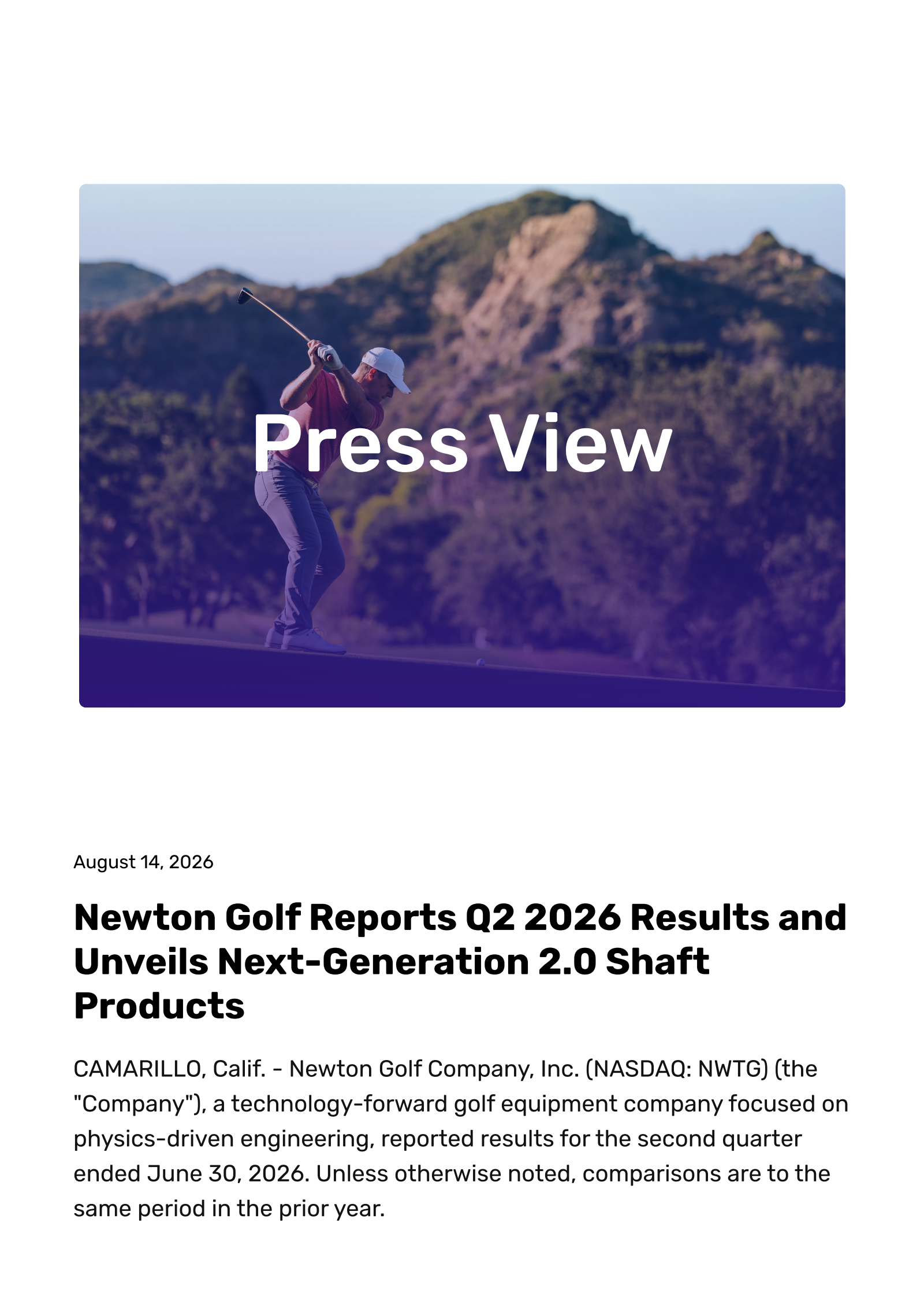 Newton Golf's Q2 2026 Press Release