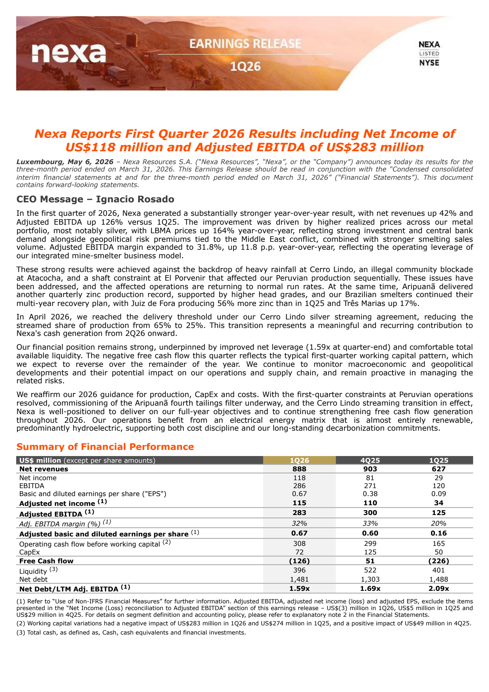 Nexa Resources' Q1 2026 Press Release
