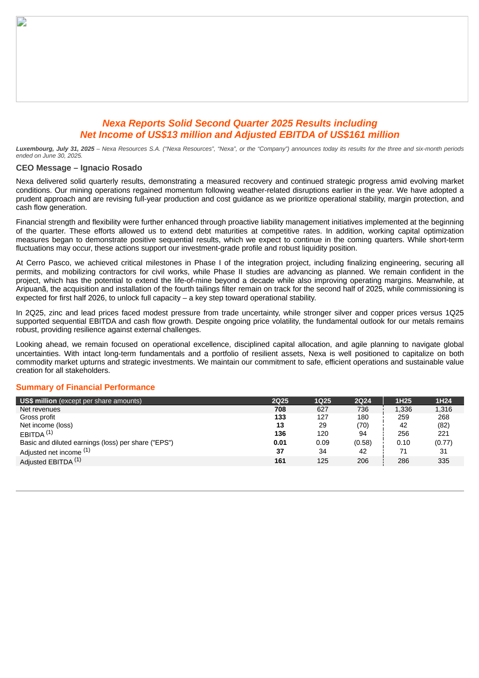 Nexa Resources' Q2 2025 Press Release