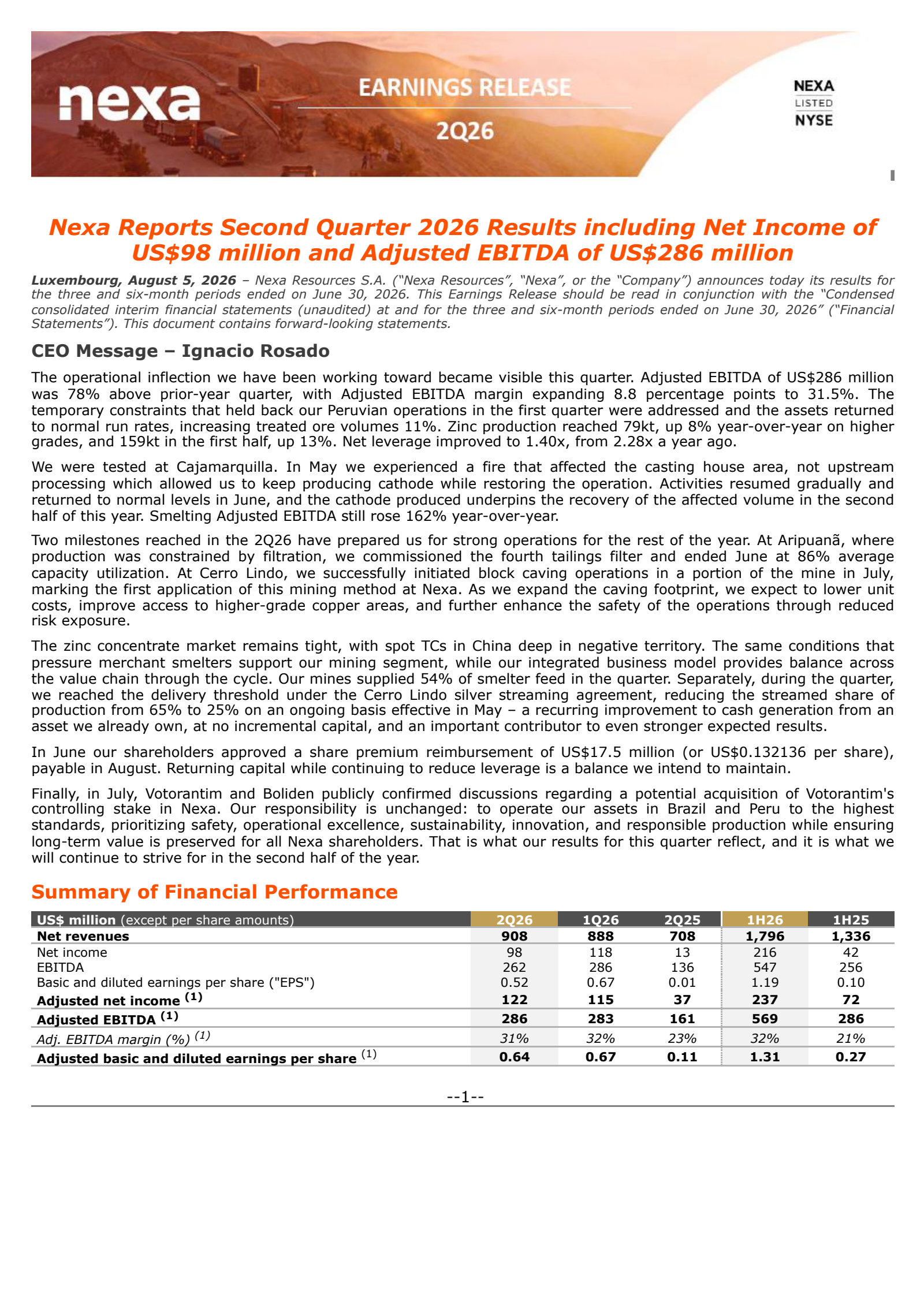 Nexa Resources' Q2 2026 Press Release