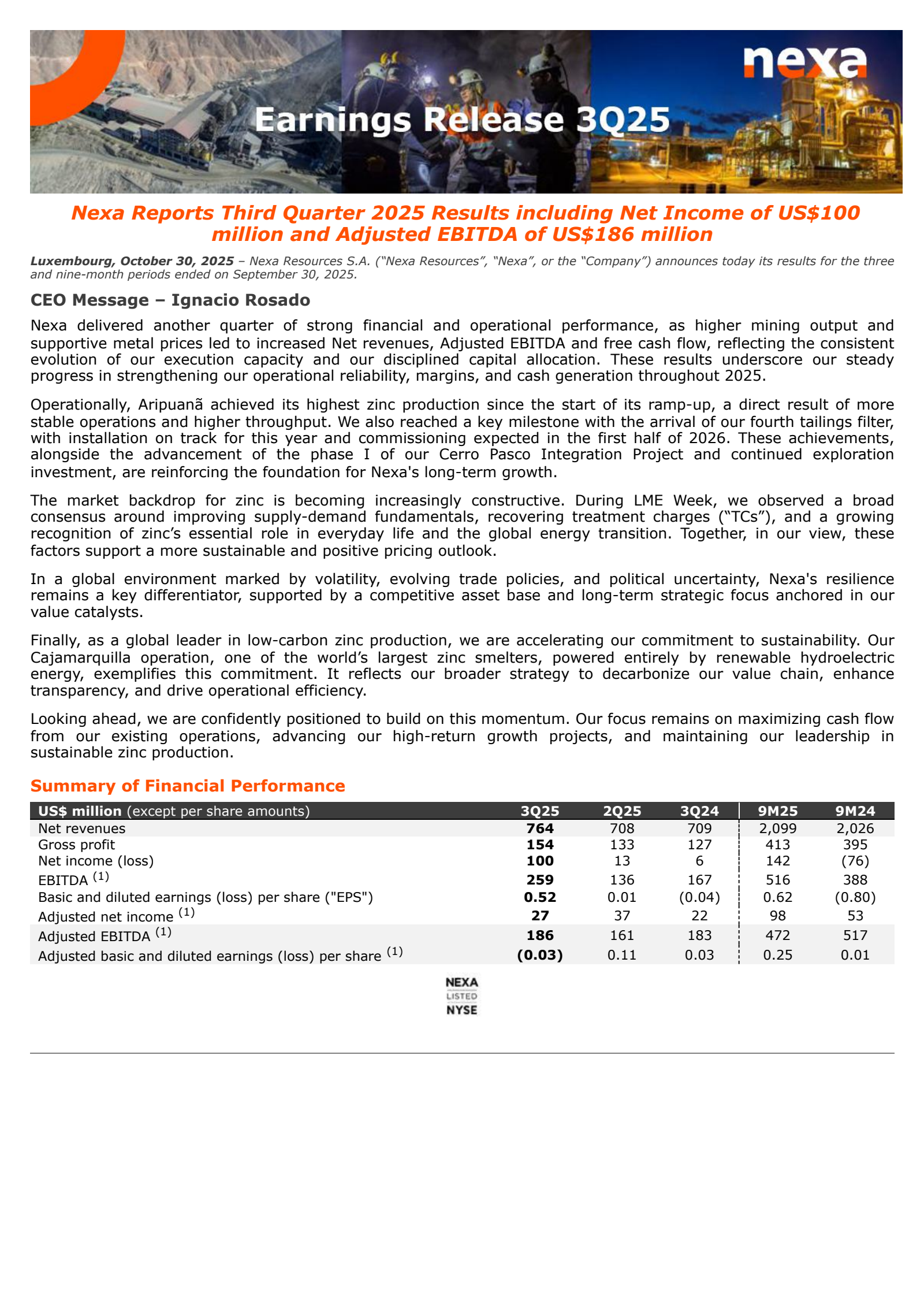 Nexa Resources' Q3 2025 Earnings Release