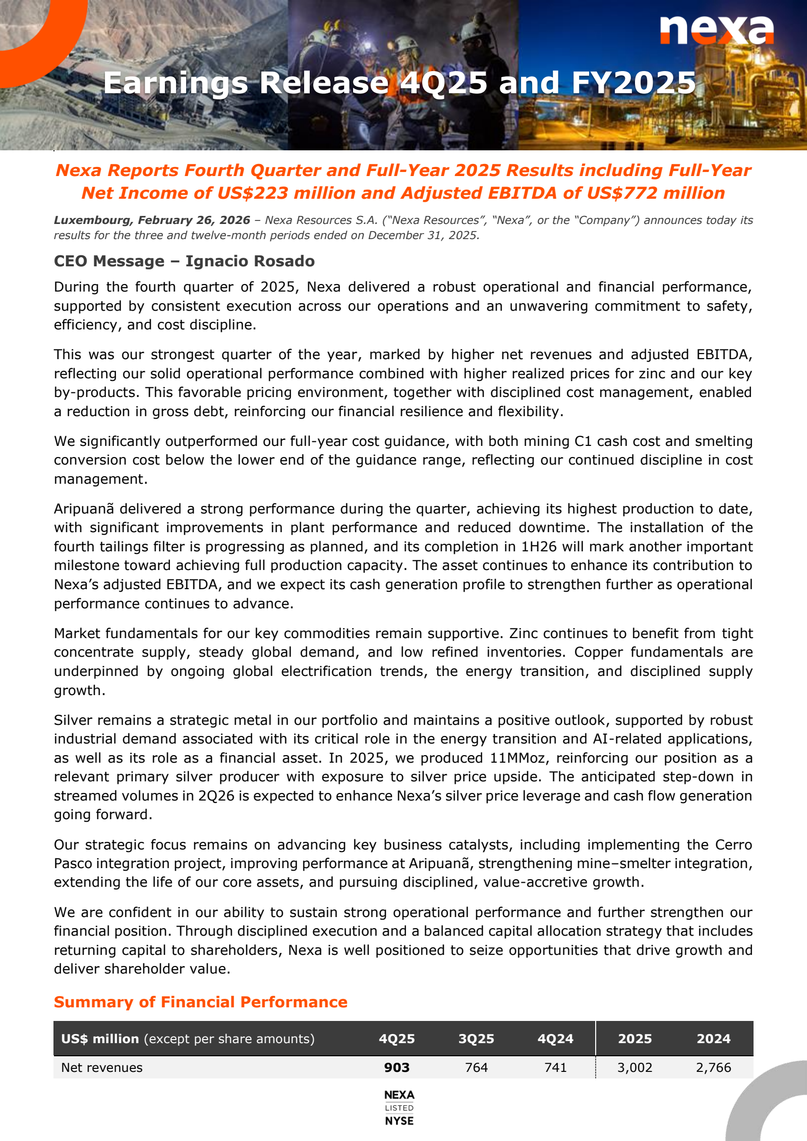 Nexa Resources' Q4 2025 Press Release