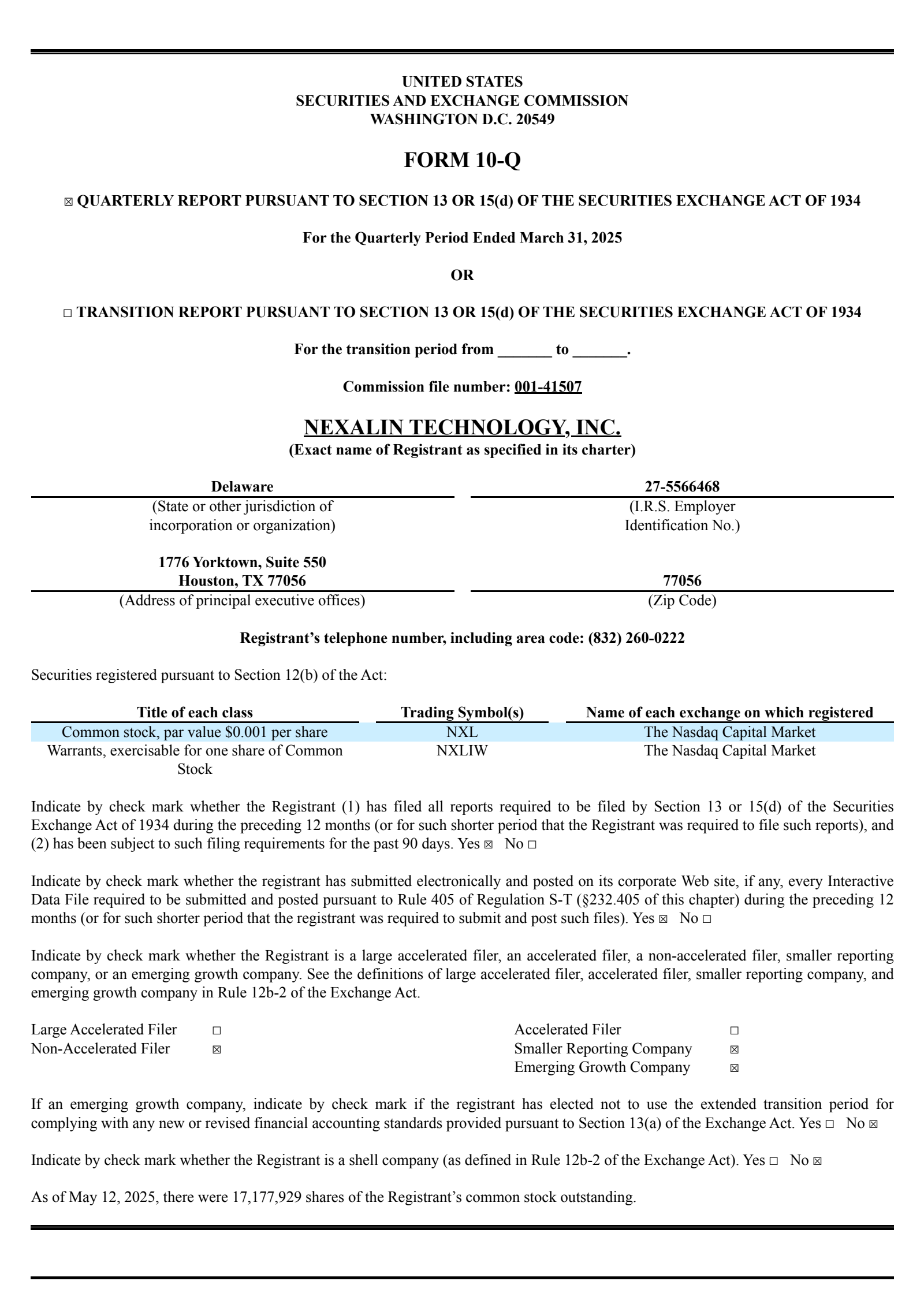 Nexalin Technology's Q1 2025 Quarterly report