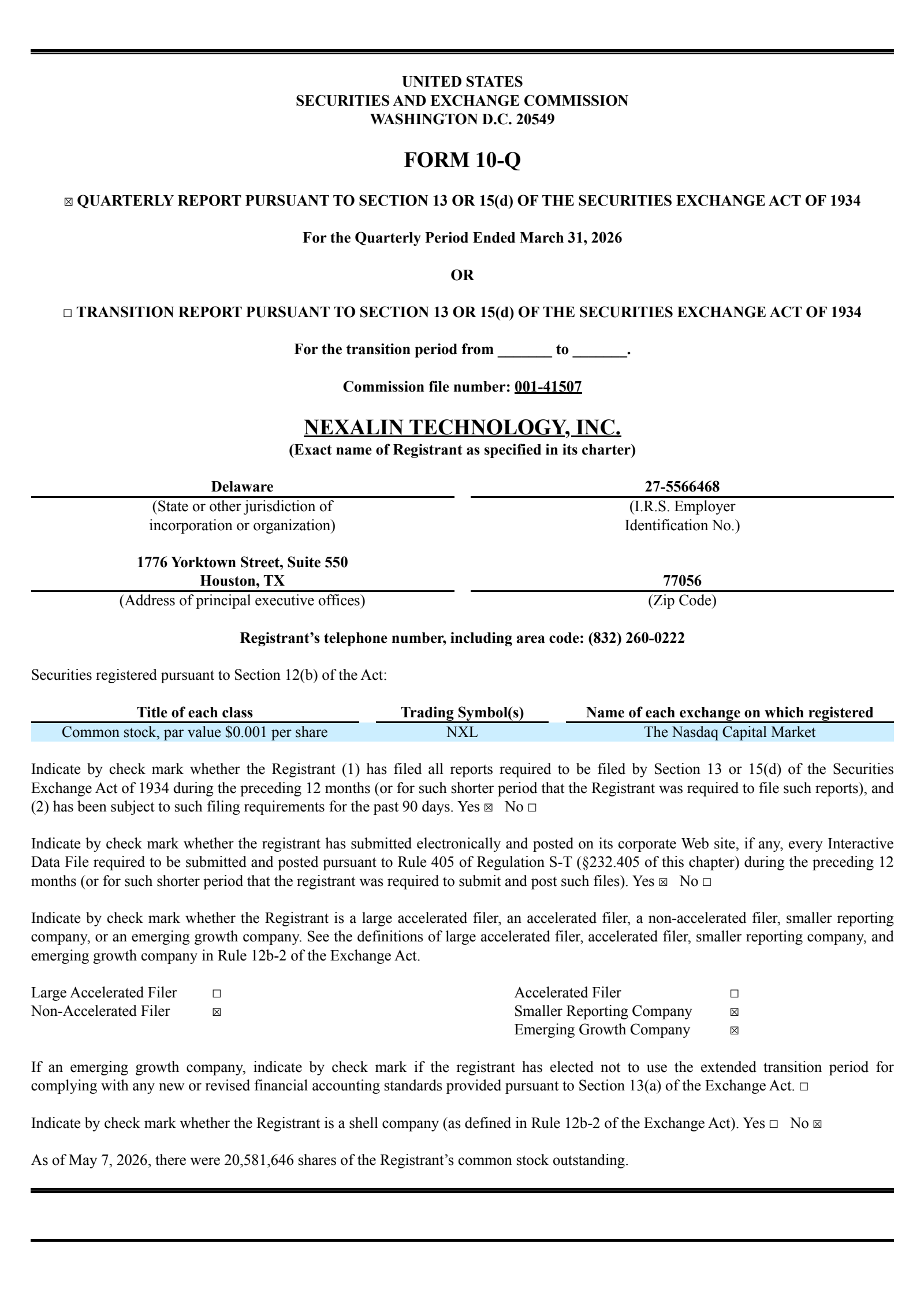 Nexalin Technology's Q1 2026 Quarterly report
