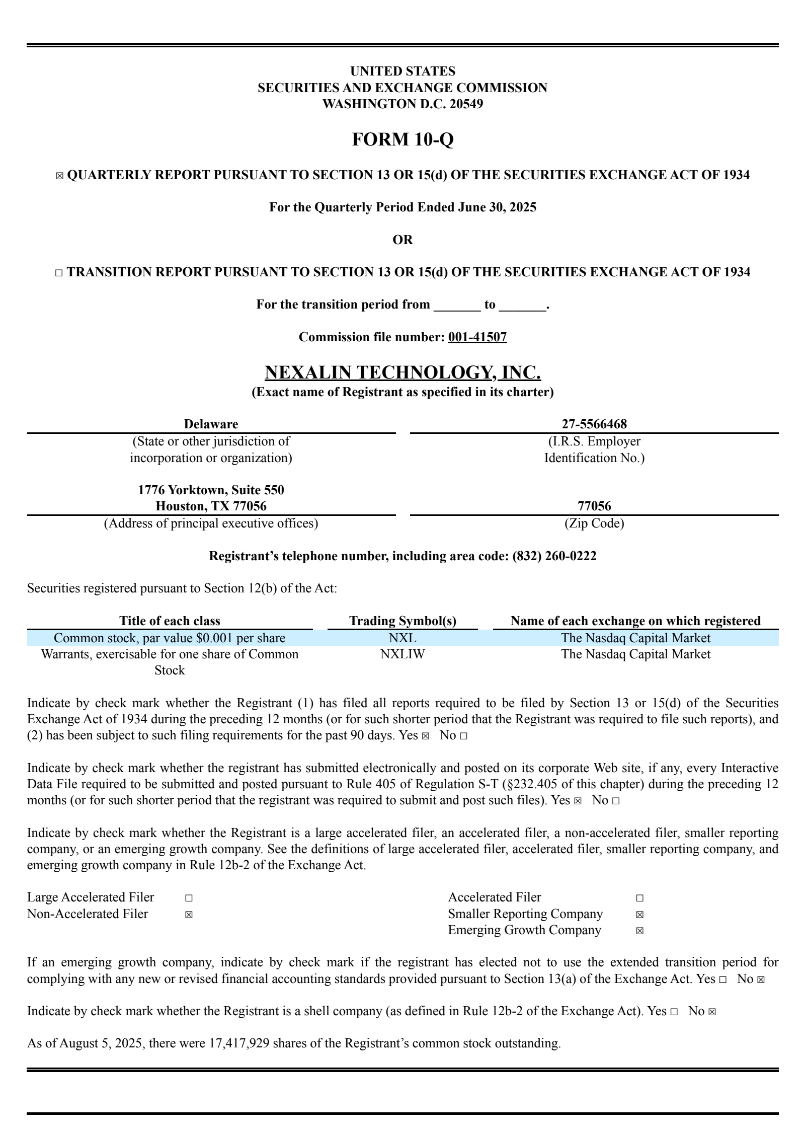 Nexalin Technology's Q2 2025 Quarterly report